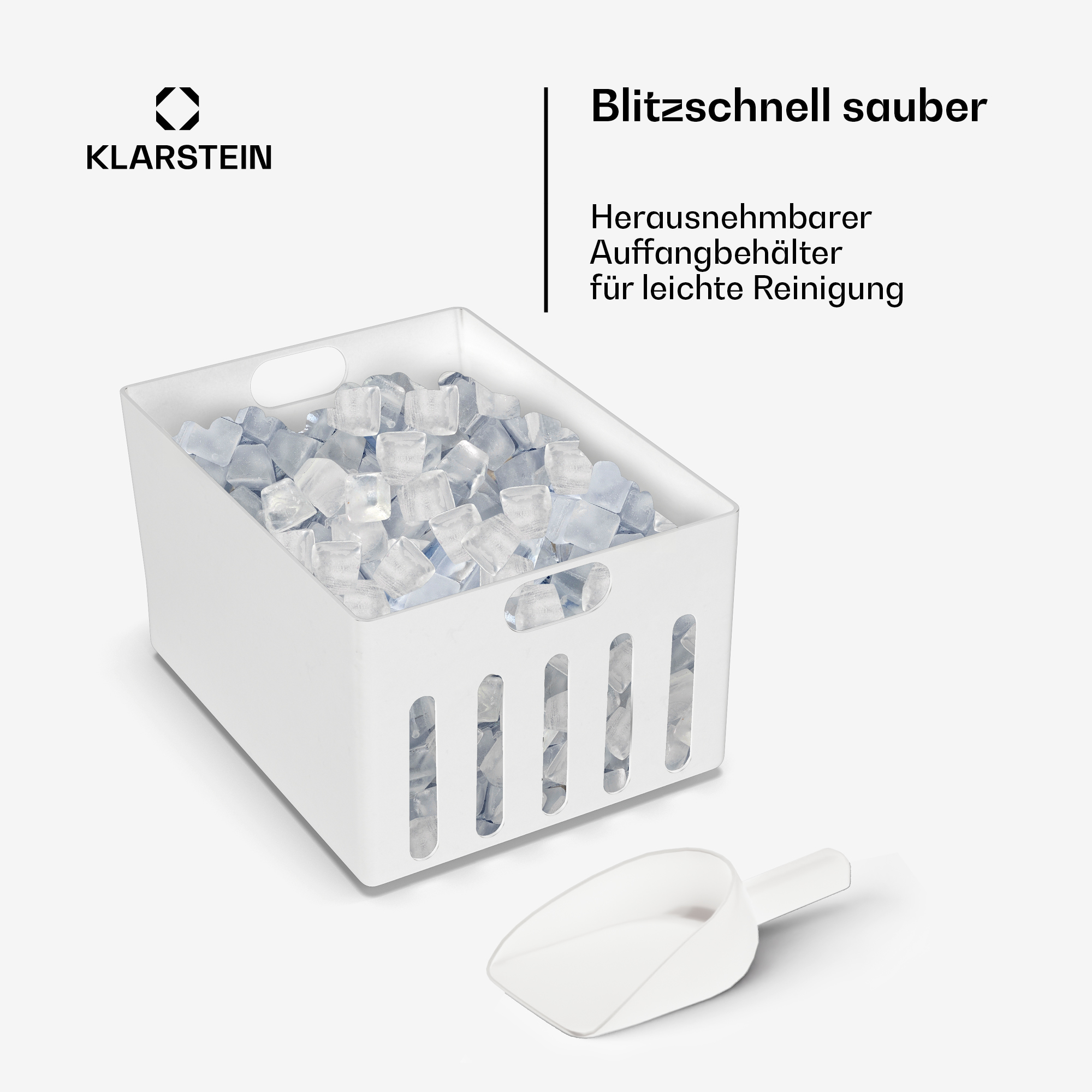 Weißer Eiskorb voller Eiswürfel mit einer Eisschaufel daneben.