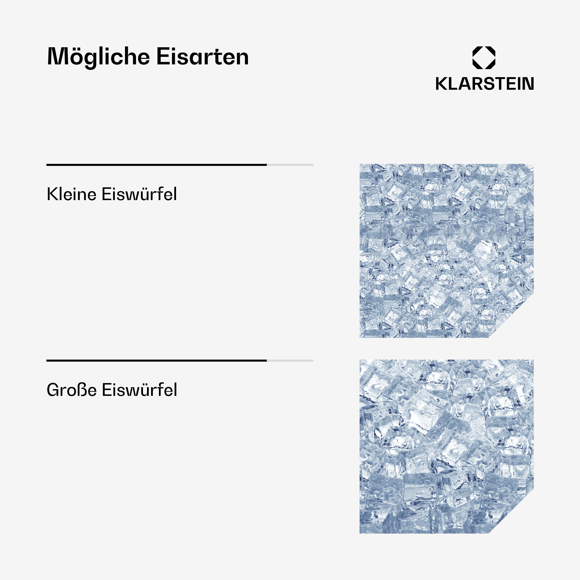 Eine Grafik zeigt zwei Eiswürfelgrößen, klein und groß, mit Klarstein-Logo.