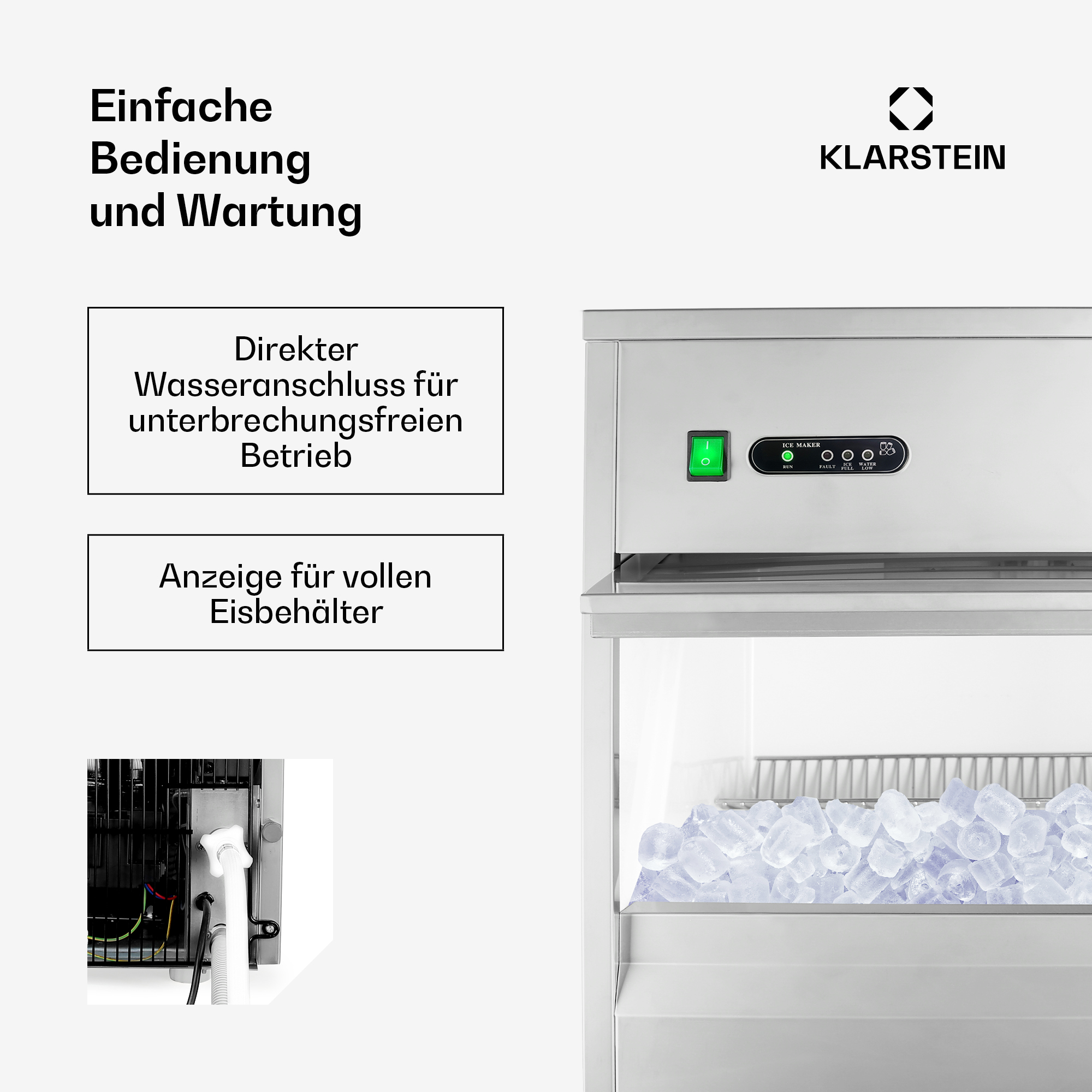 Klarstein Eisbereiter aus Edelstahl mit deutscher Beschriftung und klarem Eis in der Box.