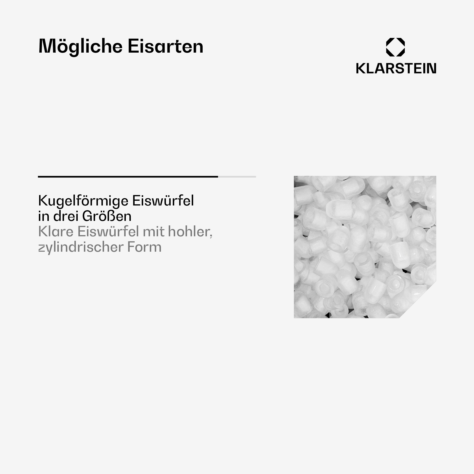 Klarstein-Grafik zeigt hohle, zylindrische Eiswürfel und deutschen Text zu Eisarten.