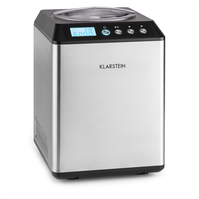 Edelstahl-Eismaschine von Klarstein mit digitalem Display und schwarzen Akzenten auf weißem Hintergrund.
