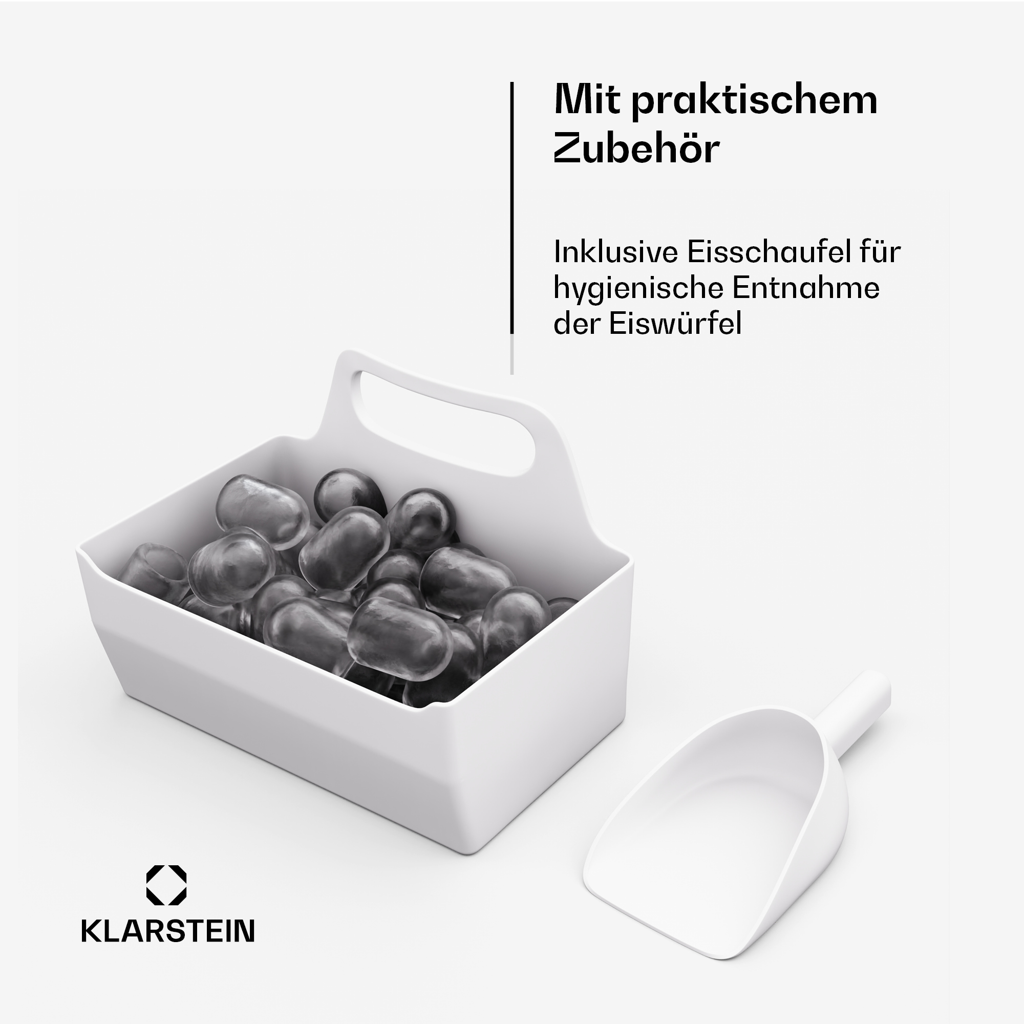 Weißer Eiskorb gefüllt mit Eiswürfeln und passender weißer Eisschaufel daneben, mit deutschem Werbetext.