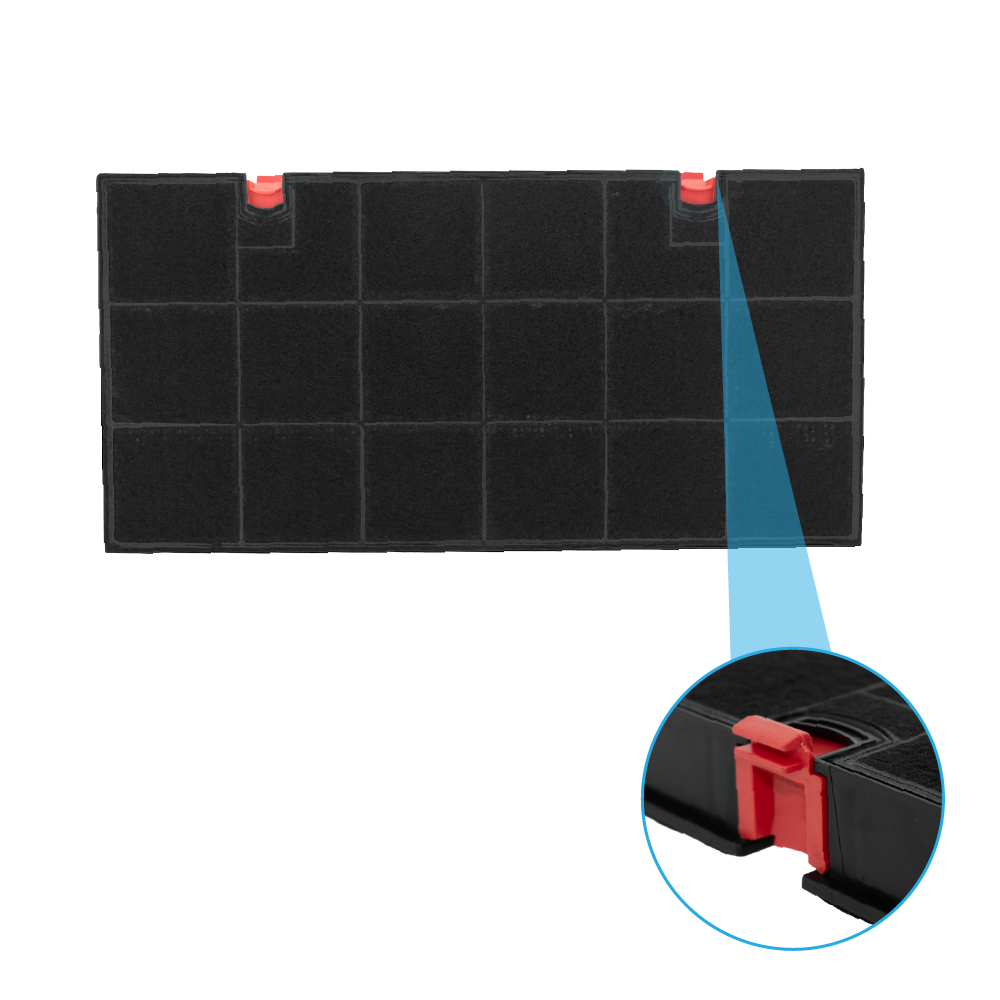 Schwarzer Kohlefilter mit rechteckigem Raster und roten Clips, mit Detailansicht in einem Kreis.