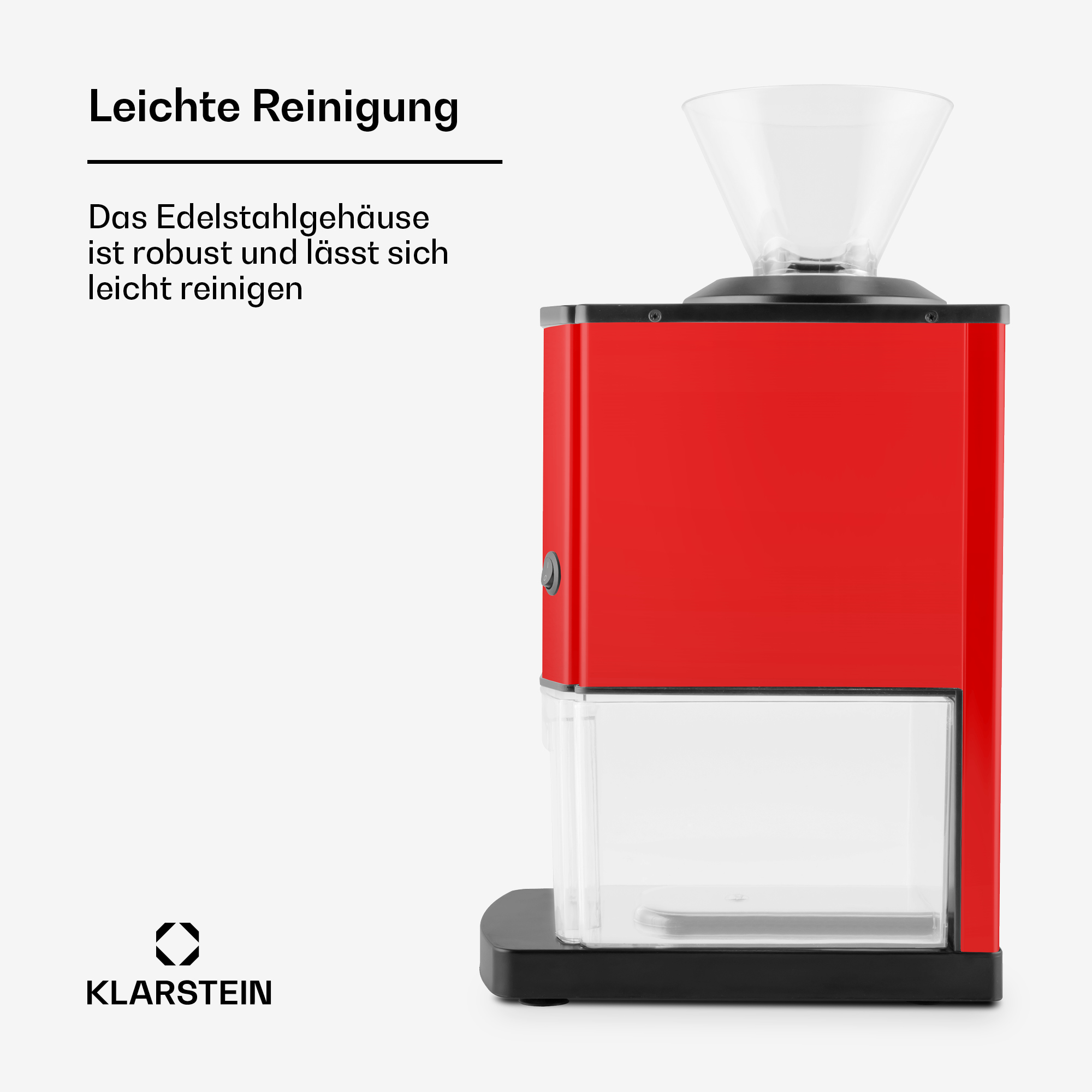 Rote Klarstein Kaffeemühle mit Edelstahldesign und durchsichtigem Trichter.