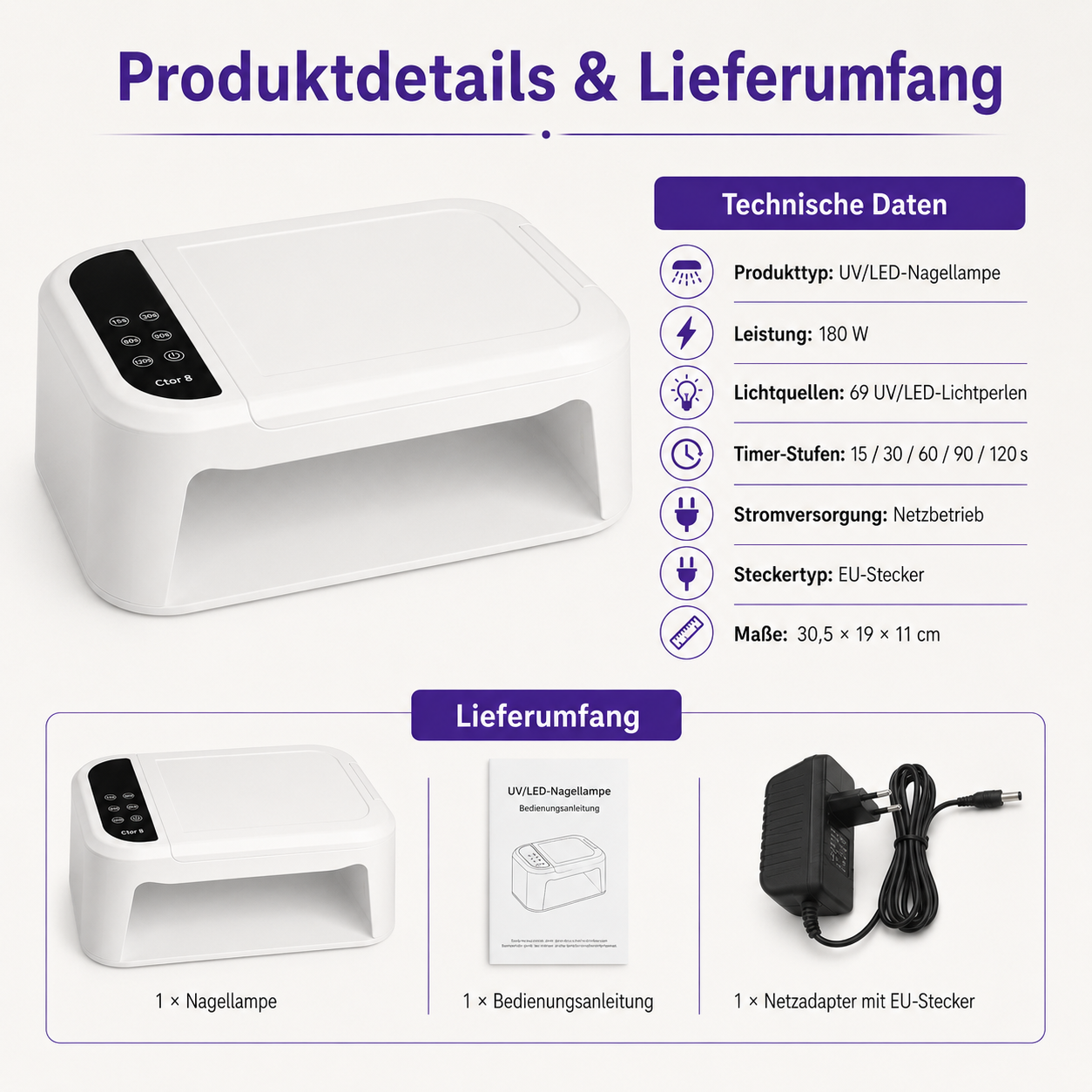 Produktdetails einer weißen UV/LED-Nagellampe mit 180W, Bedienungsanleitung und Netzteil.