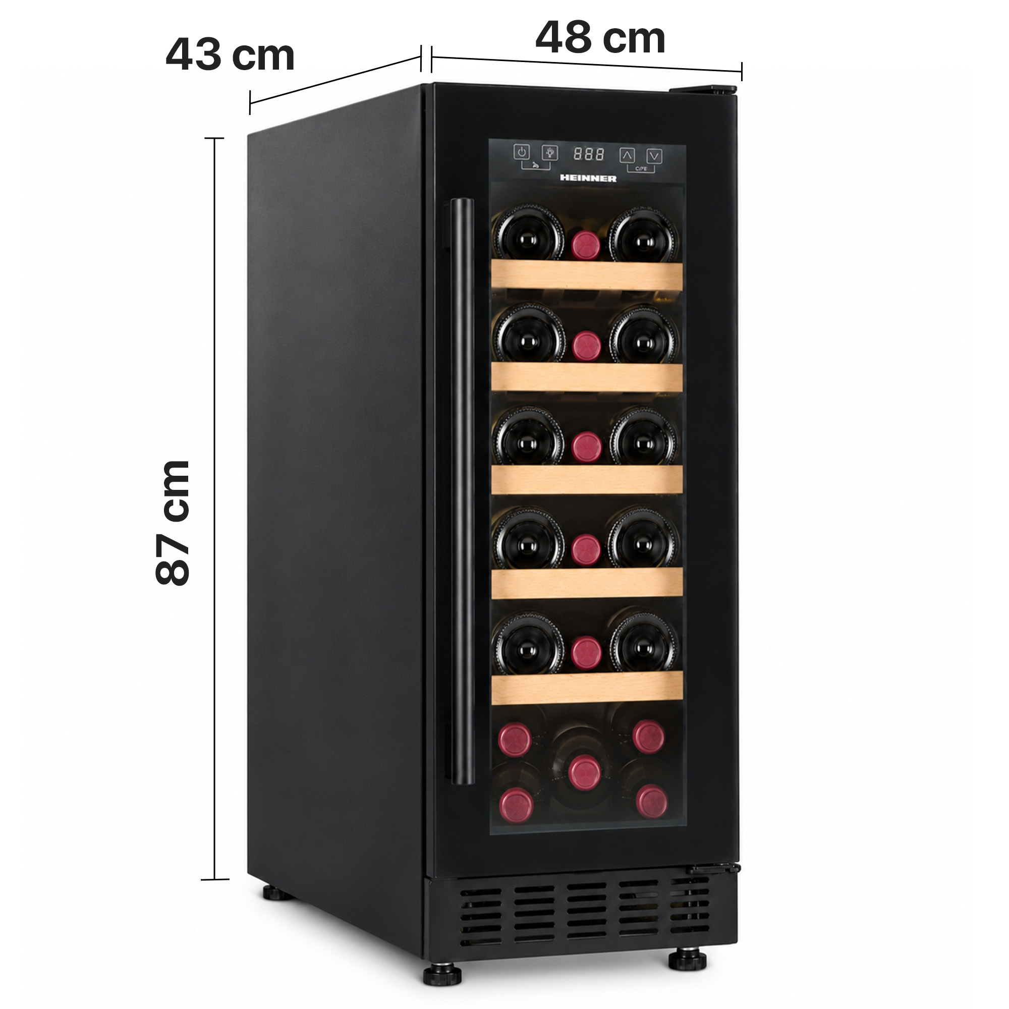 Black wine cooler with glass door, wooden shelves, and dimensions in cm.