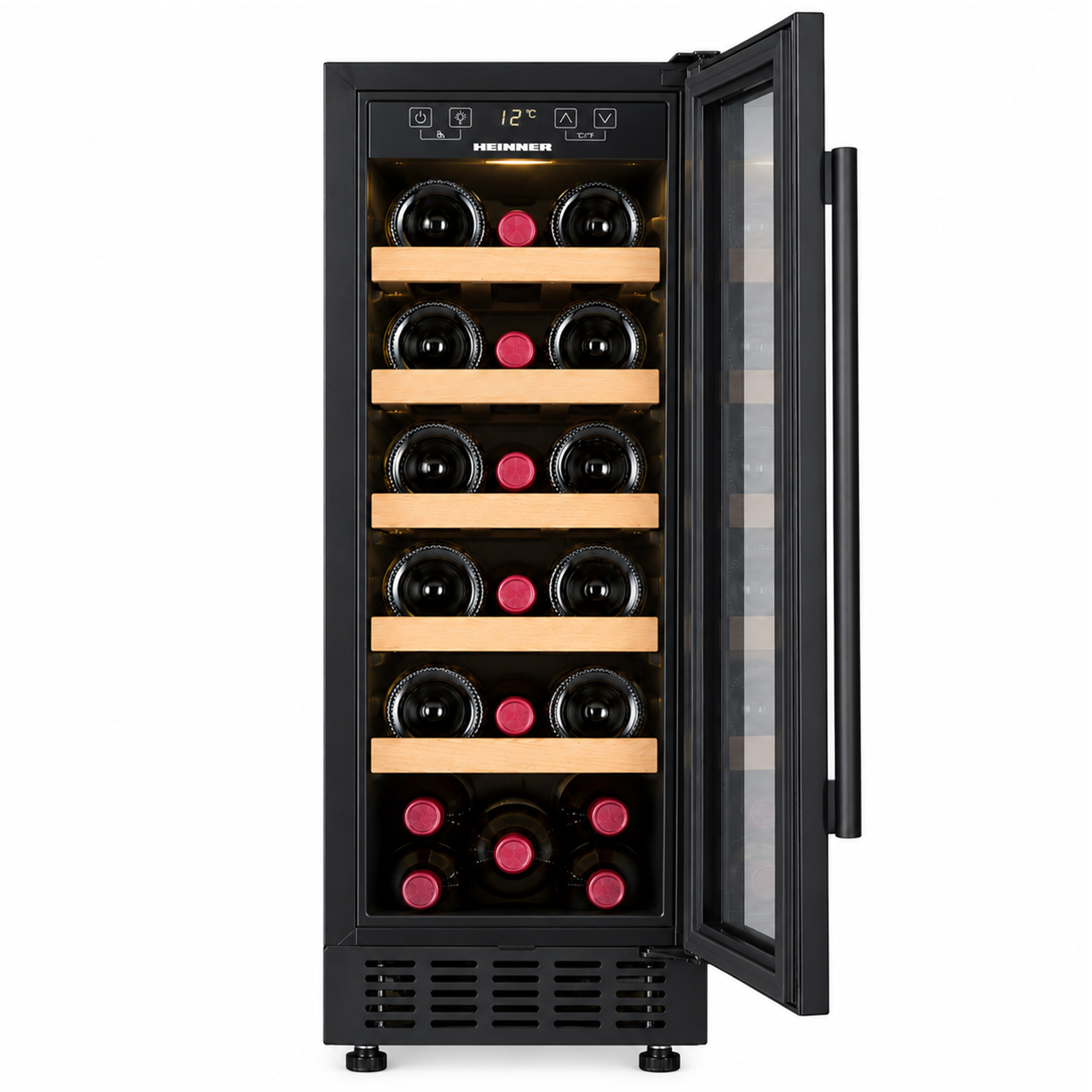A black wine cooler with an open glass door displays wooden shelves and filled bottles.