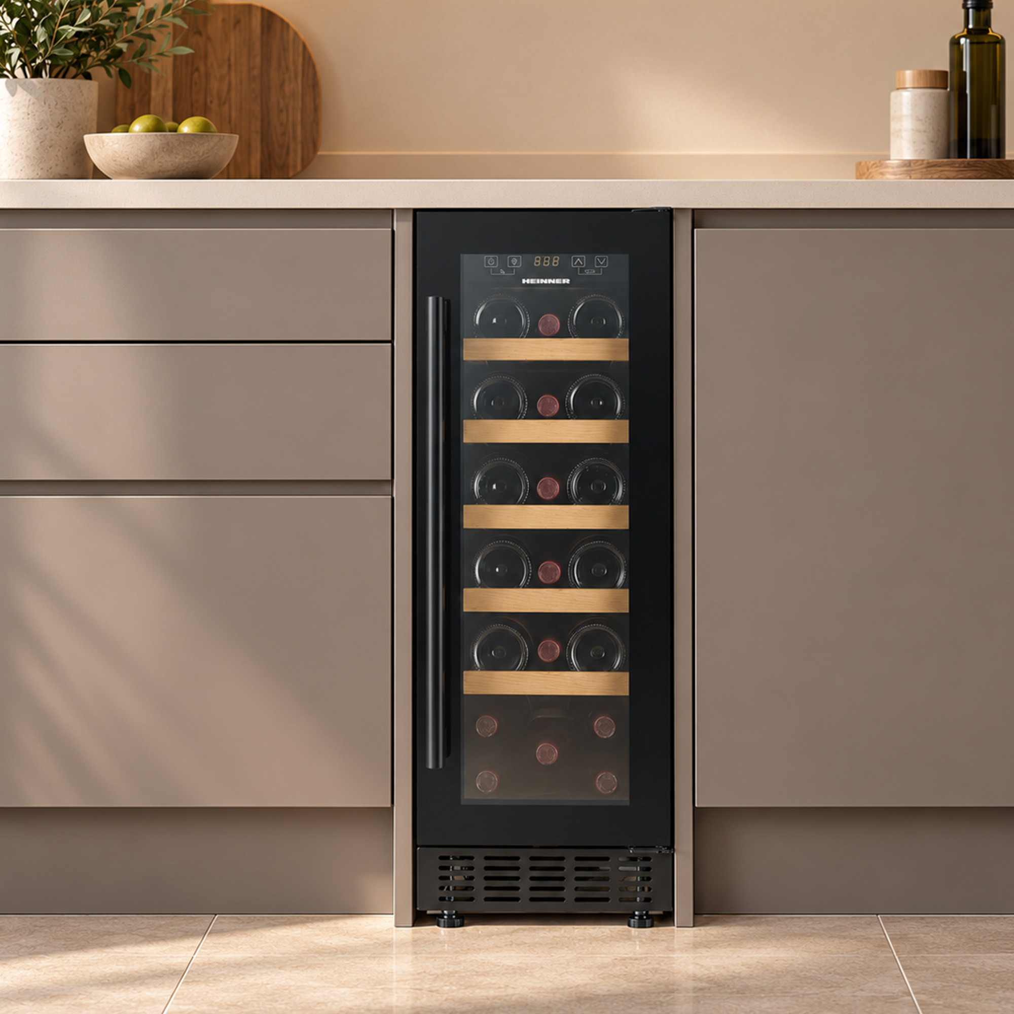 Built-in black wine cooler in a modern kitchen with wooden shelves and wine bottles.