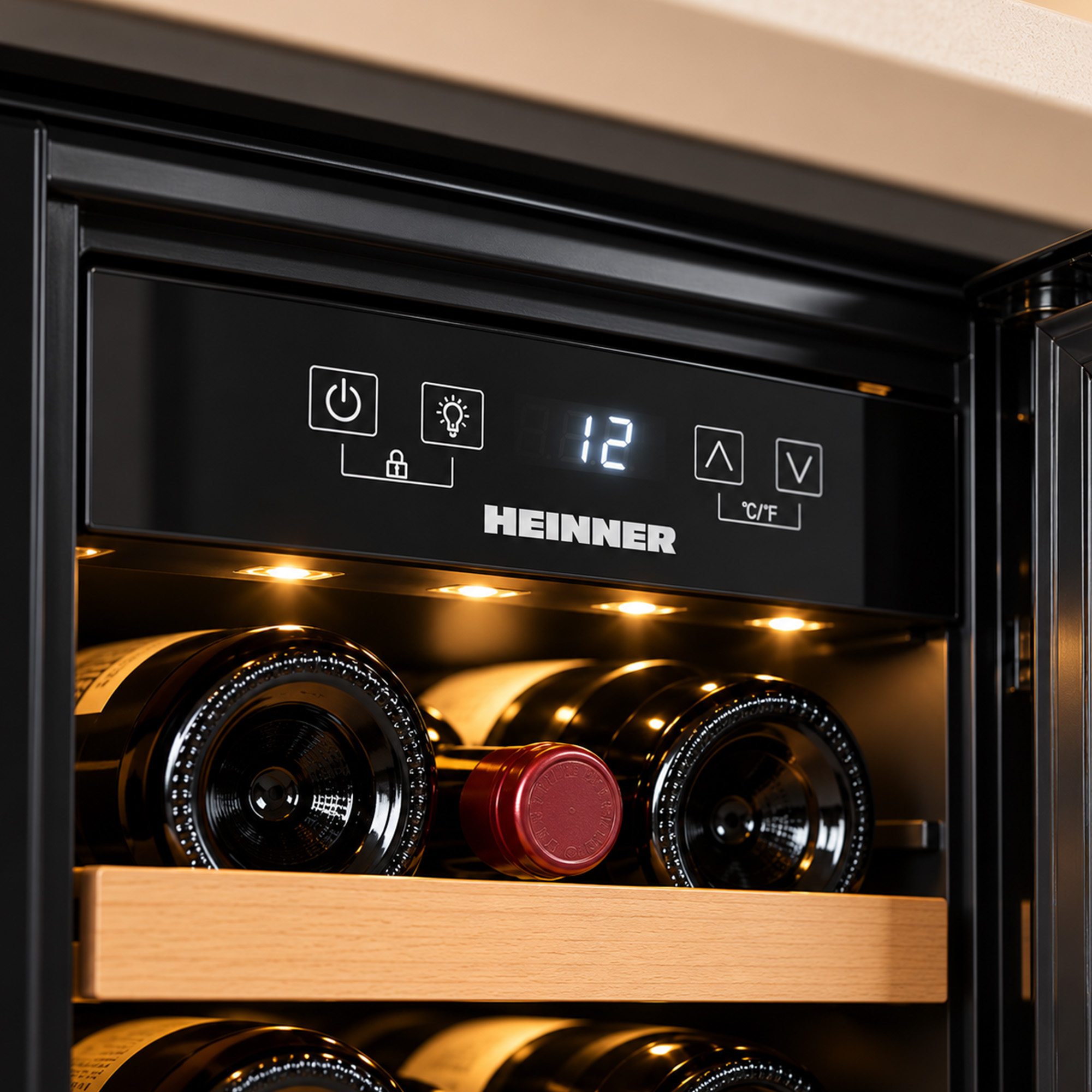 A Heinner wine cooler shows a digital display reading 12 degrees C, warm LED lights, and wine bottles on wooden shelves.