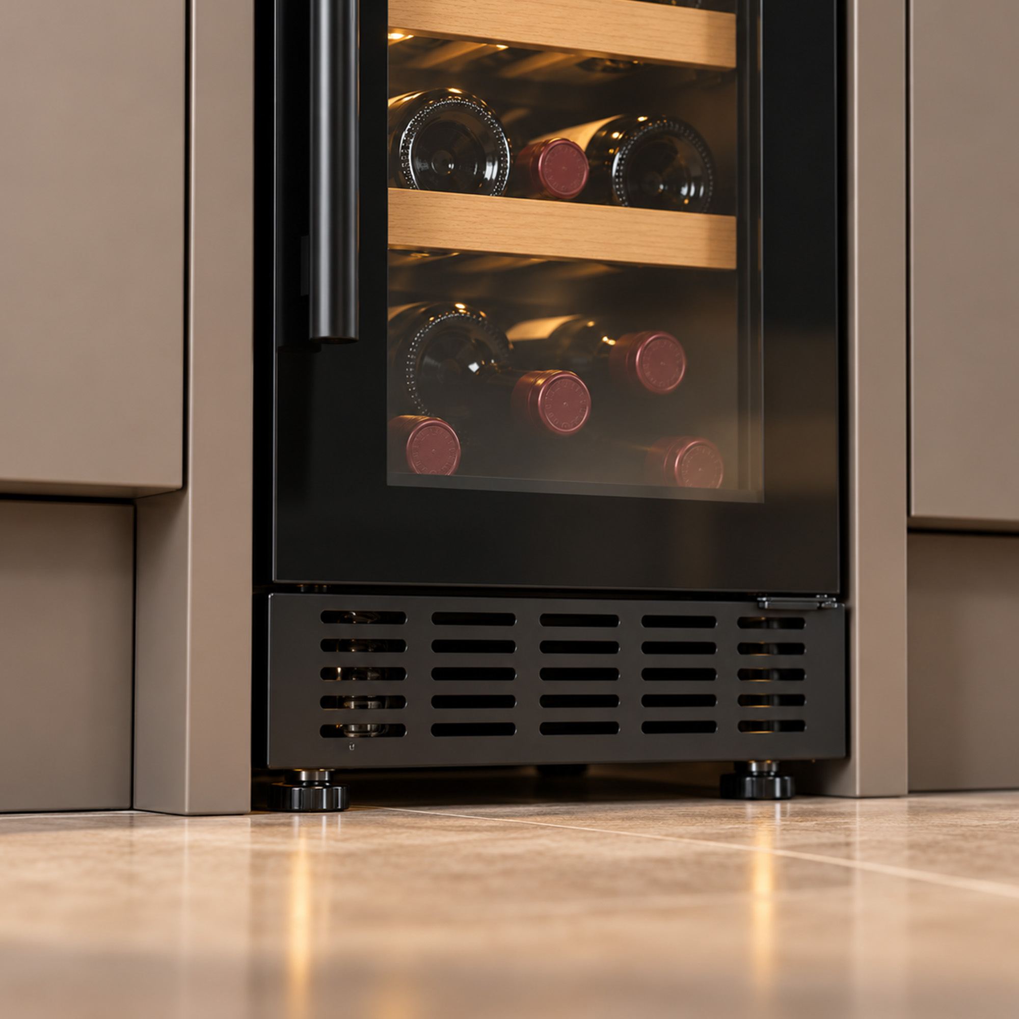 Built-in wine cooler with glass door and wooden shelves, filled with wine, set in a modern kitchen.