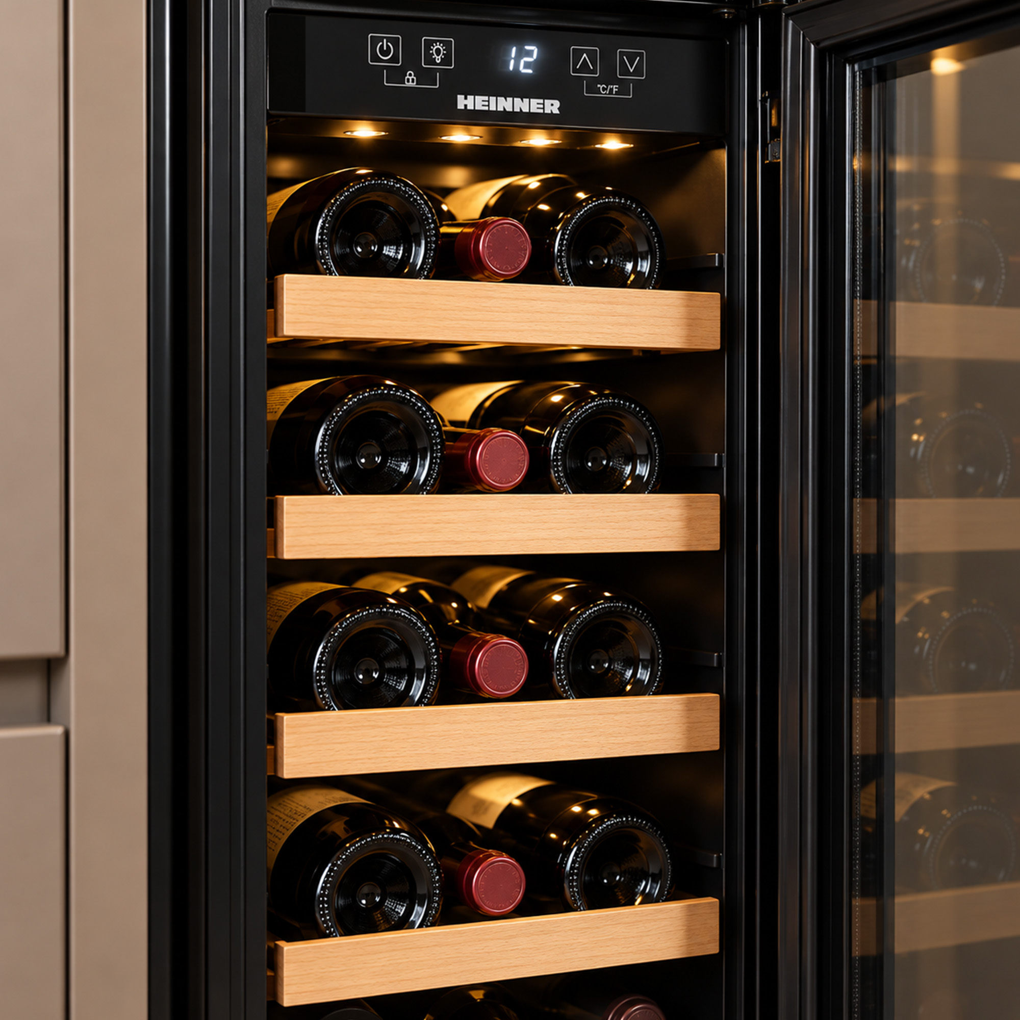 A black Heinner wine cooler with wooden shelves holding red wine bottles.