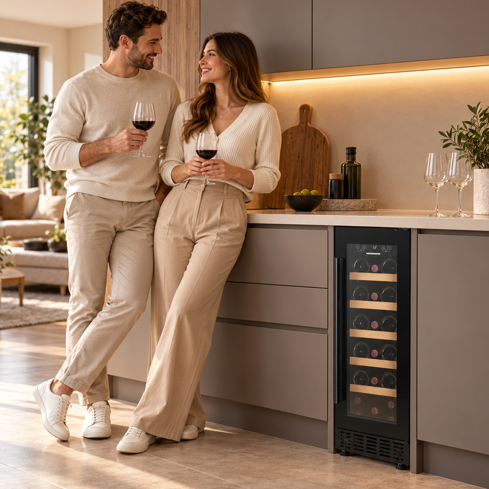 A couple holding wine glasses stands in a modern kitchen beside a wine cooler.