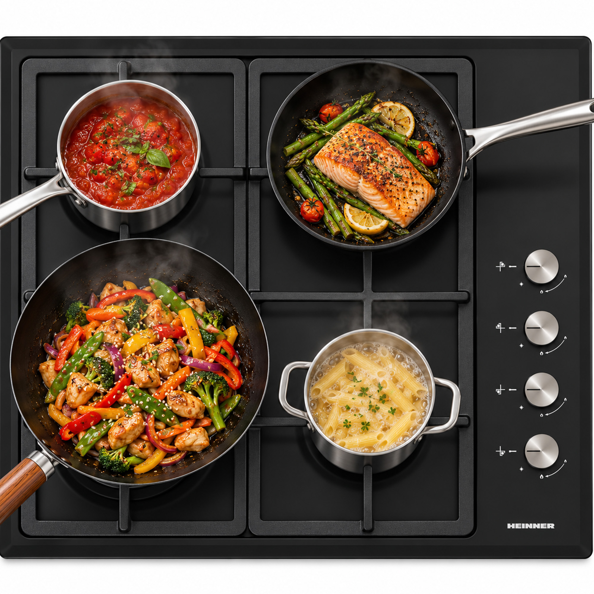 Black cooktop with four pots and pans cooking sauce, salmon, vegetables, and pasta.