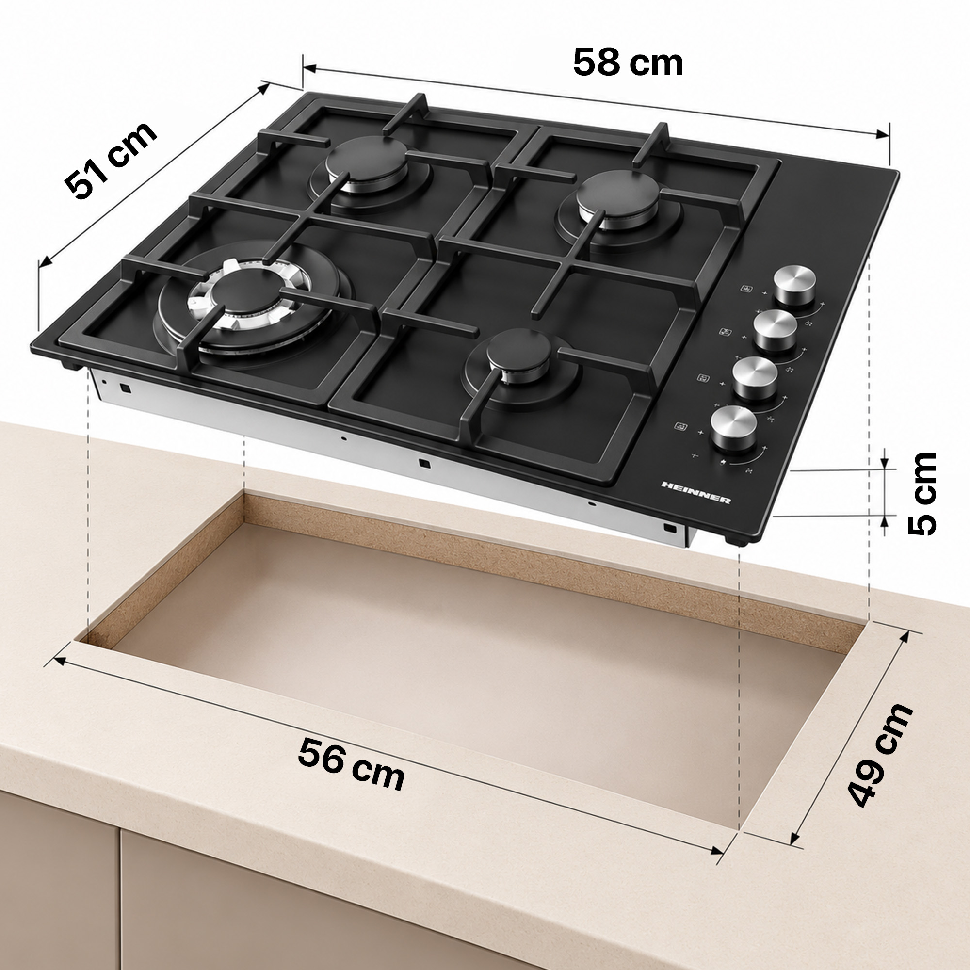 A black four-burner gas cooktop with dimensions shown above a kitchen counter cutout.