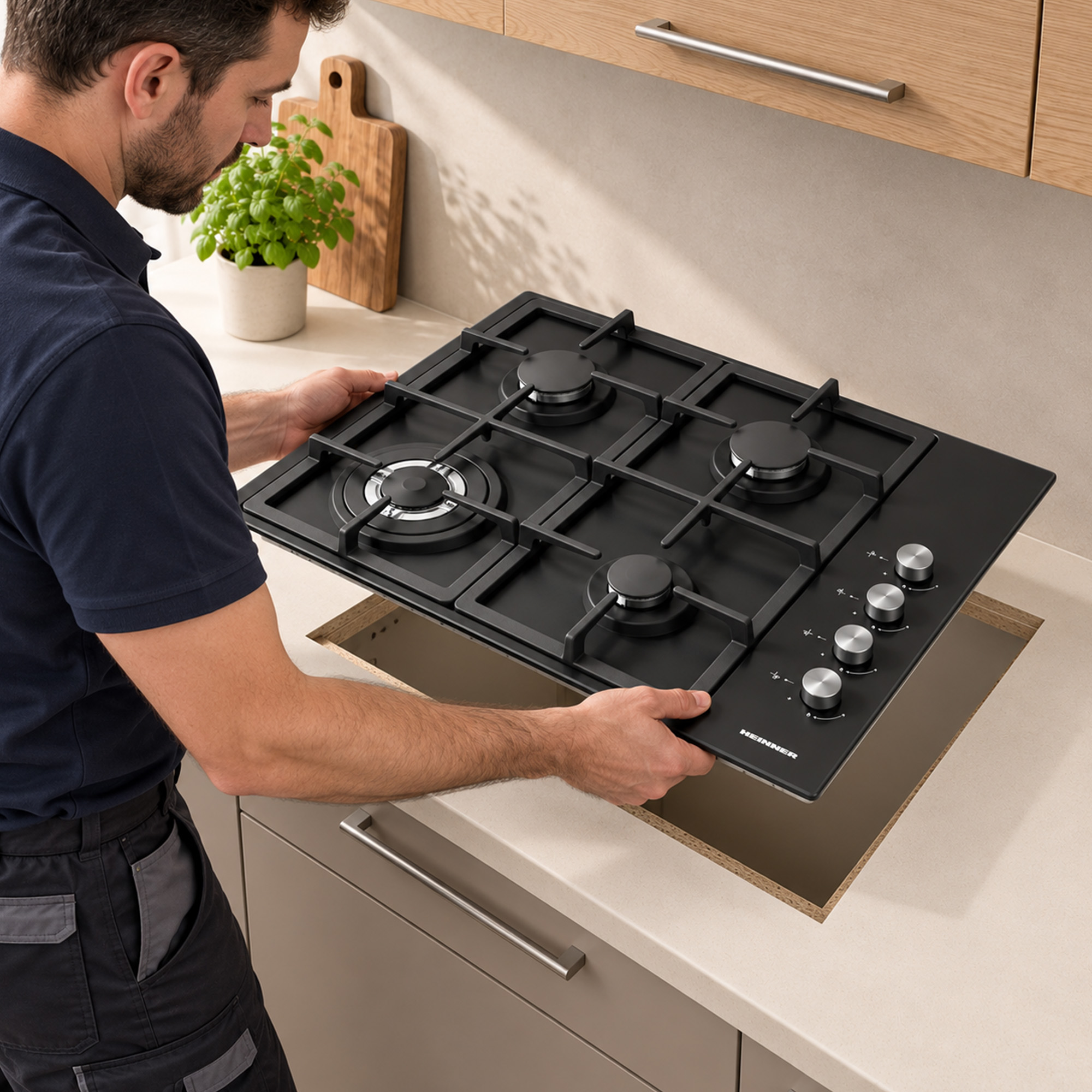 A man in a dark polo installs a black gas cooktop into a kitchen counter.