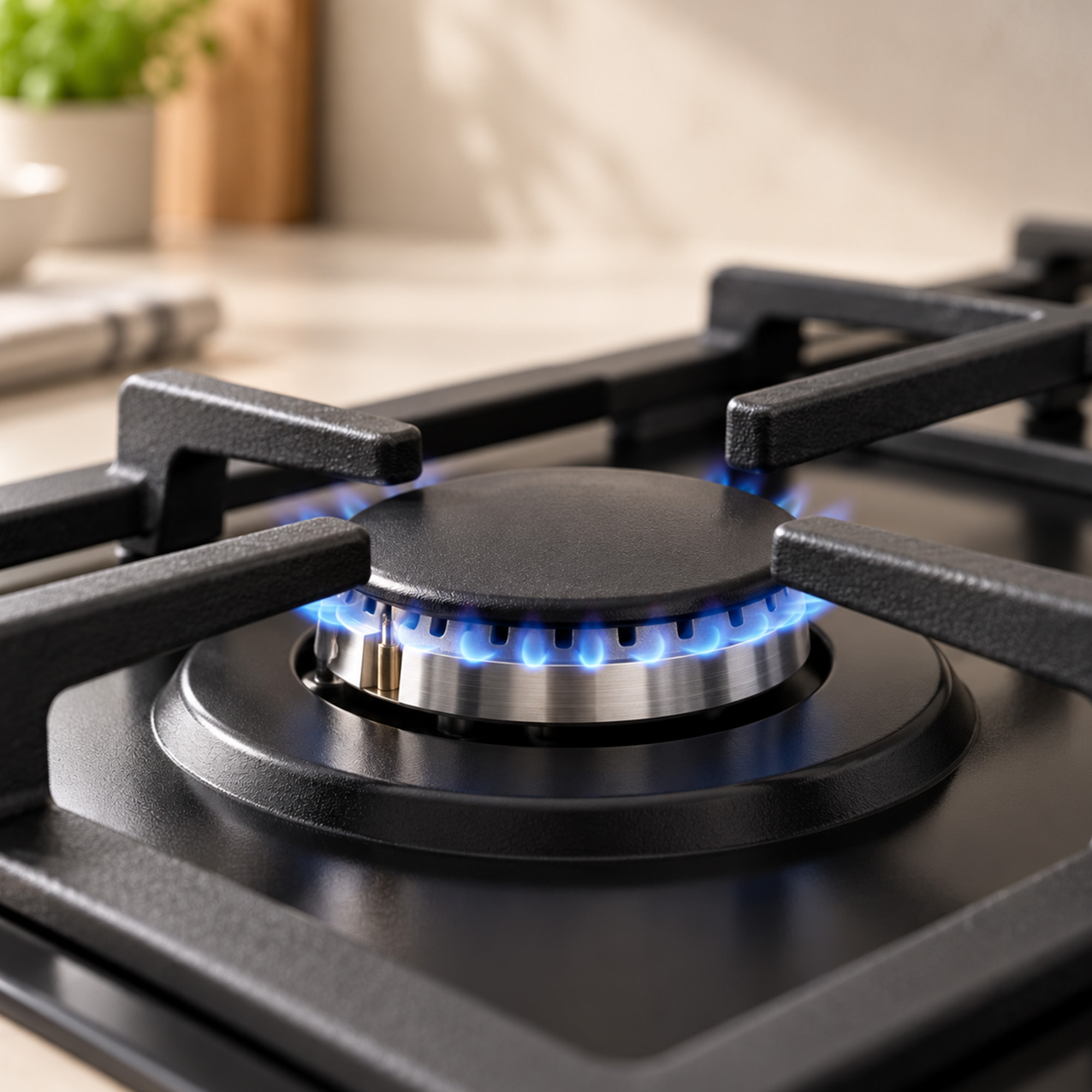 A blue gas flame burns on a modern black gas stove in a kitchen.