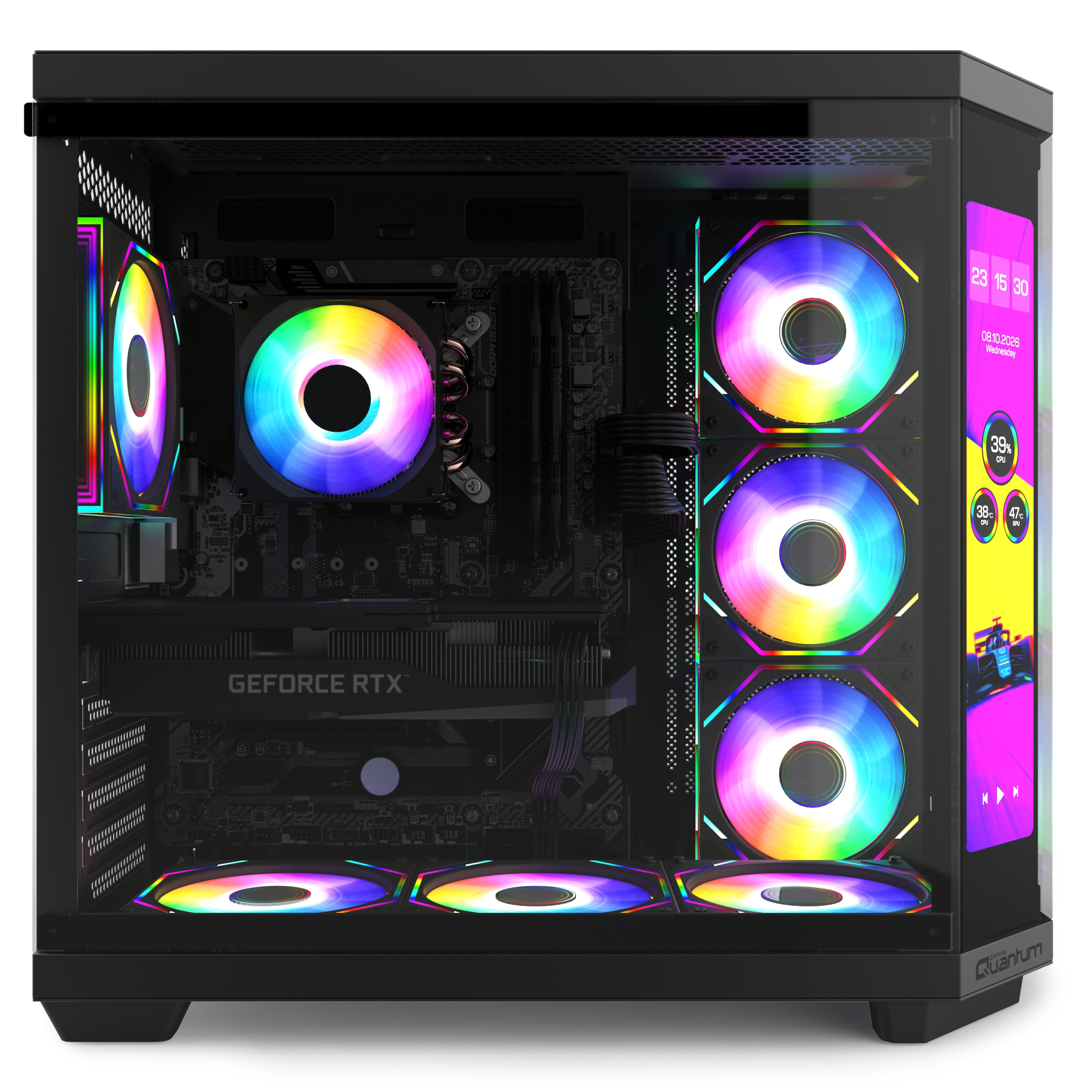 RGB fanlara, ekran kartına ve ön tarafta küçük bir ekrana sahip siyah bir oyun bilgisayarı.