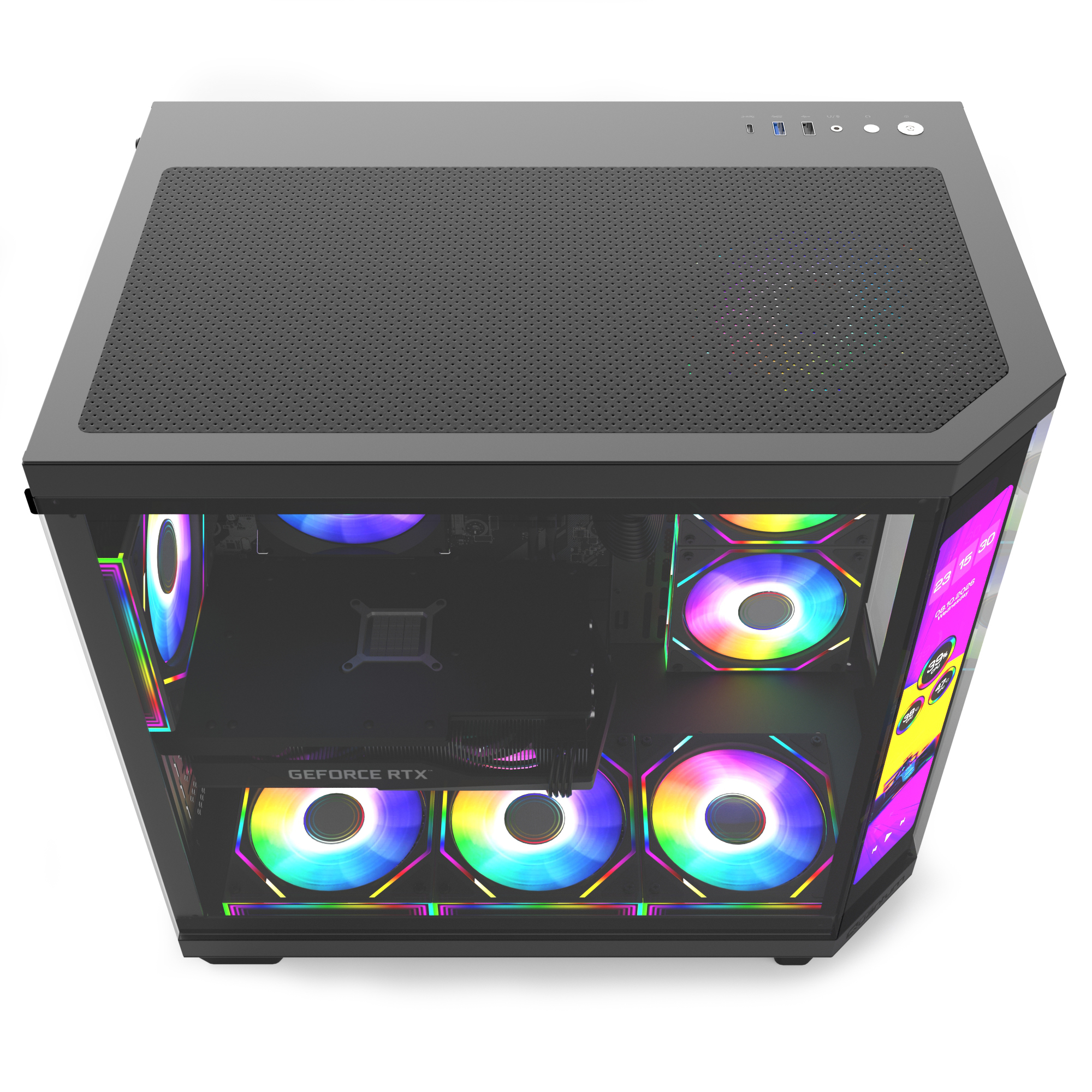 Örgülü üst kısım, cam yan panel, canlı RGB fanlar ve dahili ekrana sahip siyah bir PC kasası.