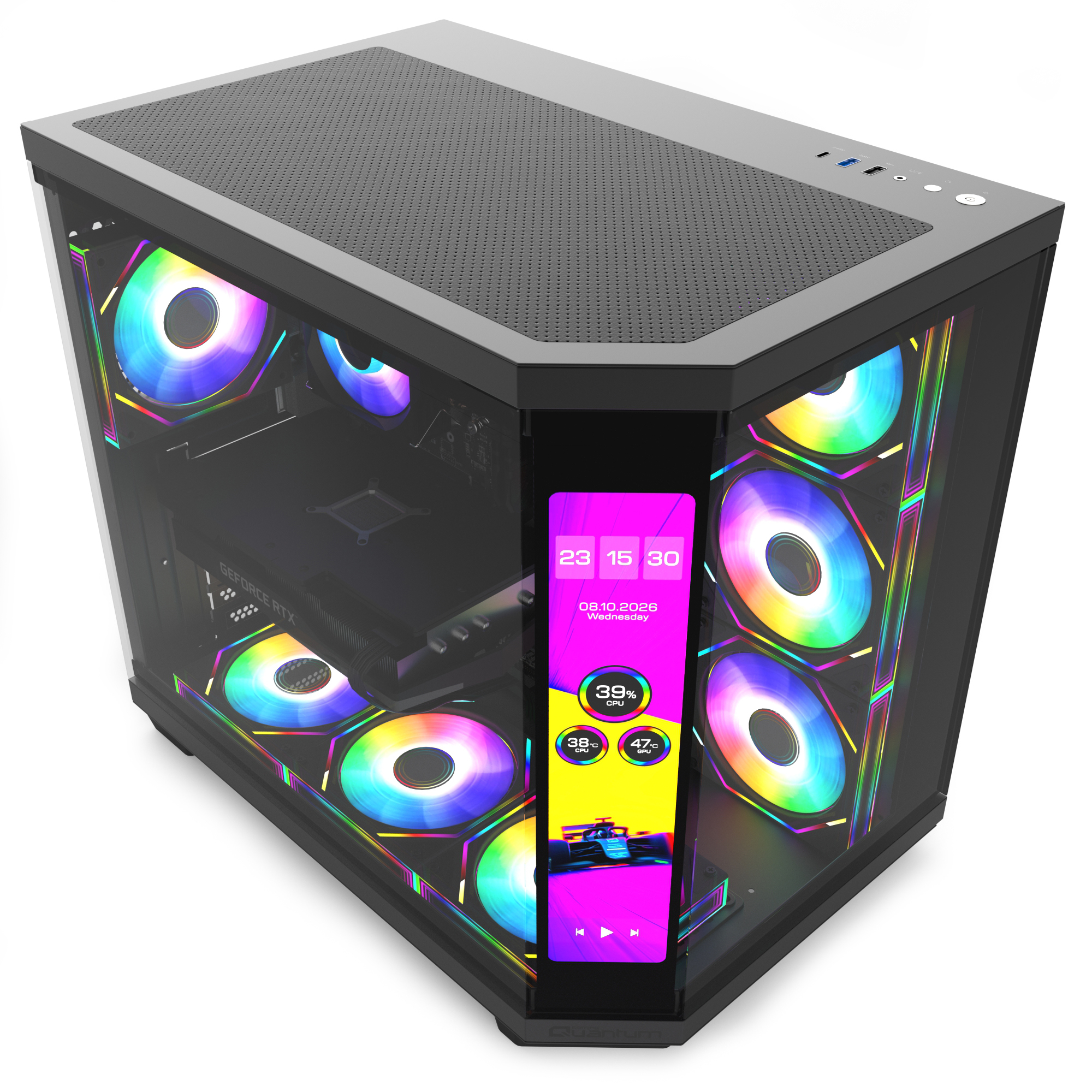Cam ön panelli, renkli RGB fanlı ve dahili ekranlı siyah PC kasası.