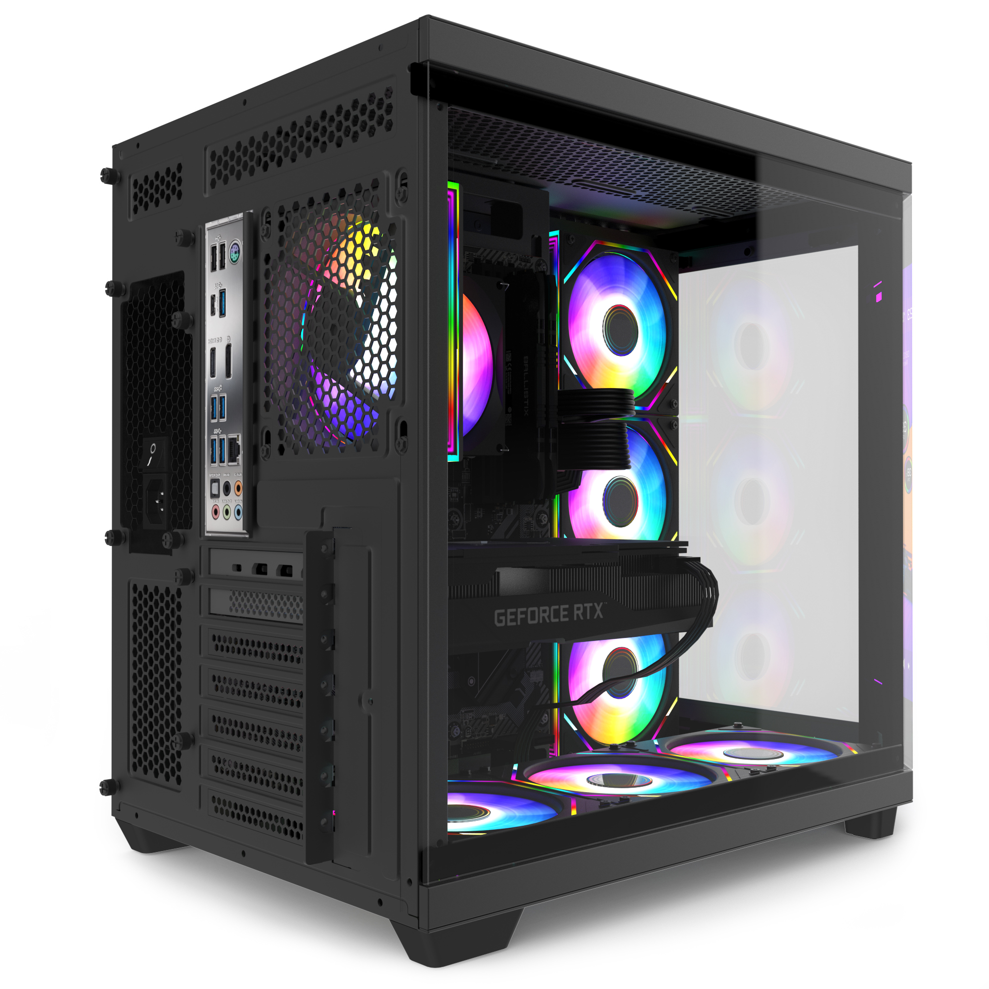Cam yan panelli, iç bileşenli ve renkli RGB fanlı siyah oyun bilgisayarı kasası.