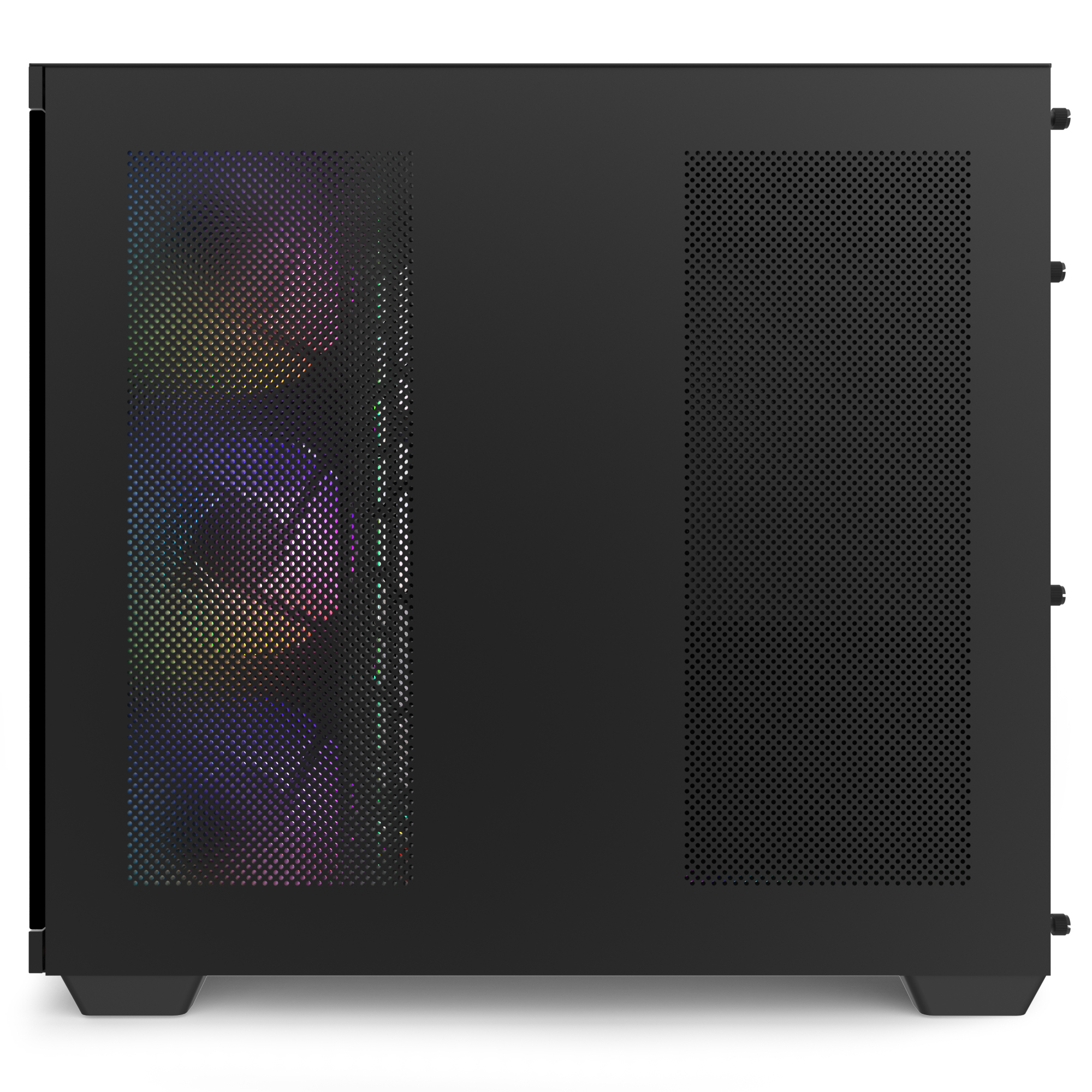 Ön tarafta delikli havalandırma ızgaraları ve RGB aydınlatması olan siyah PC kasası.
