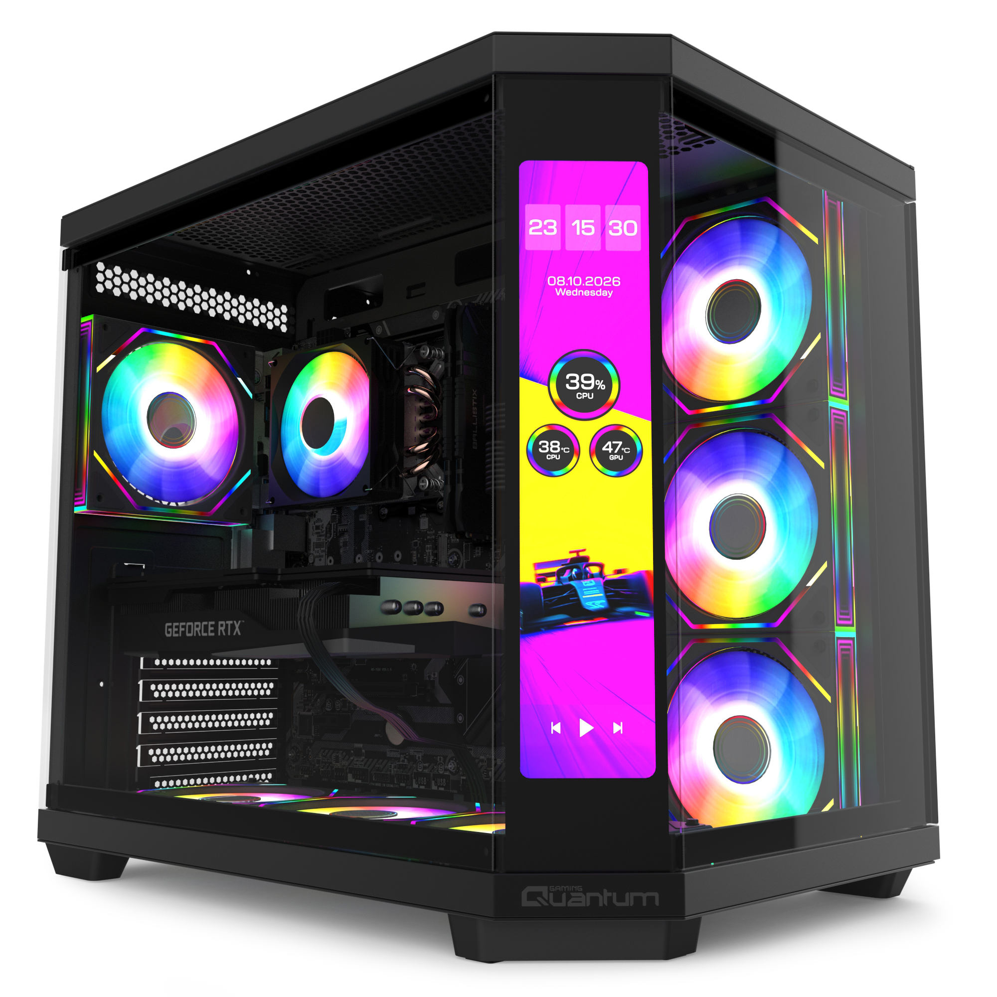 RGB fanlı ve sistem verilerini gösteren iç ekranlı siyah bir oyuncu kasası.