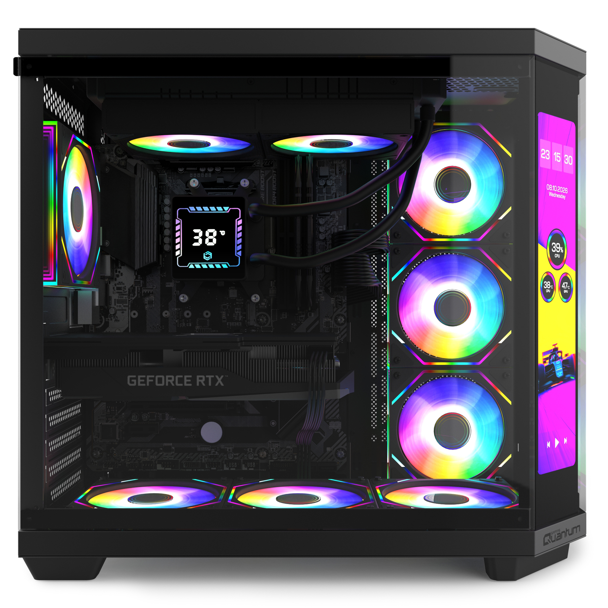 RGB fanlı, sıvı soğutmalı ve iç ekranlı siyah bir oyun bilgisayarı.