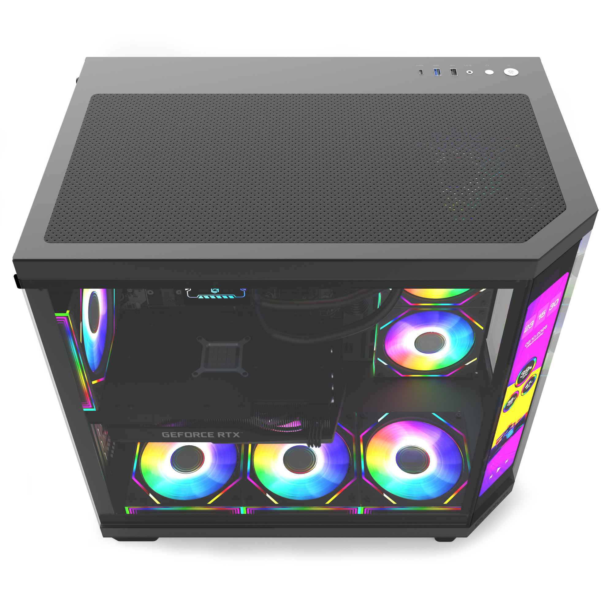 Cam yan panelli siyah bir PC kasası, renkli RGB fanlar, GeForce RTX ekran kartı ve üstte örgü panel gösteriyor.