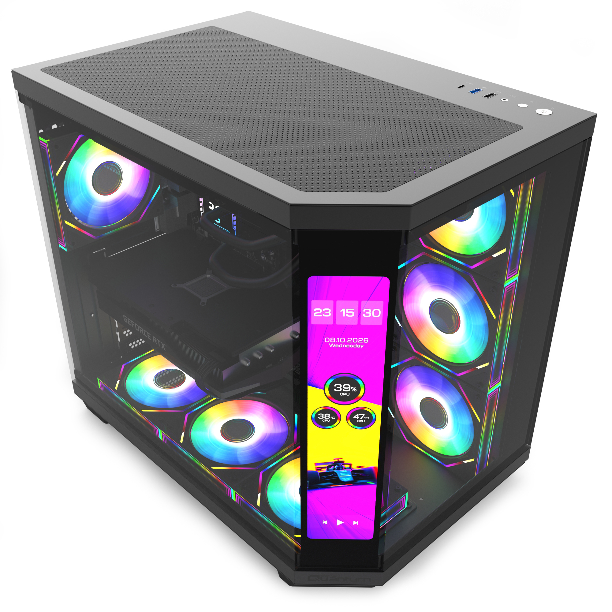 Cam panelli, RGB fanlı ve önünde dikey ekranı olan siyah bir oyuncu kasası.