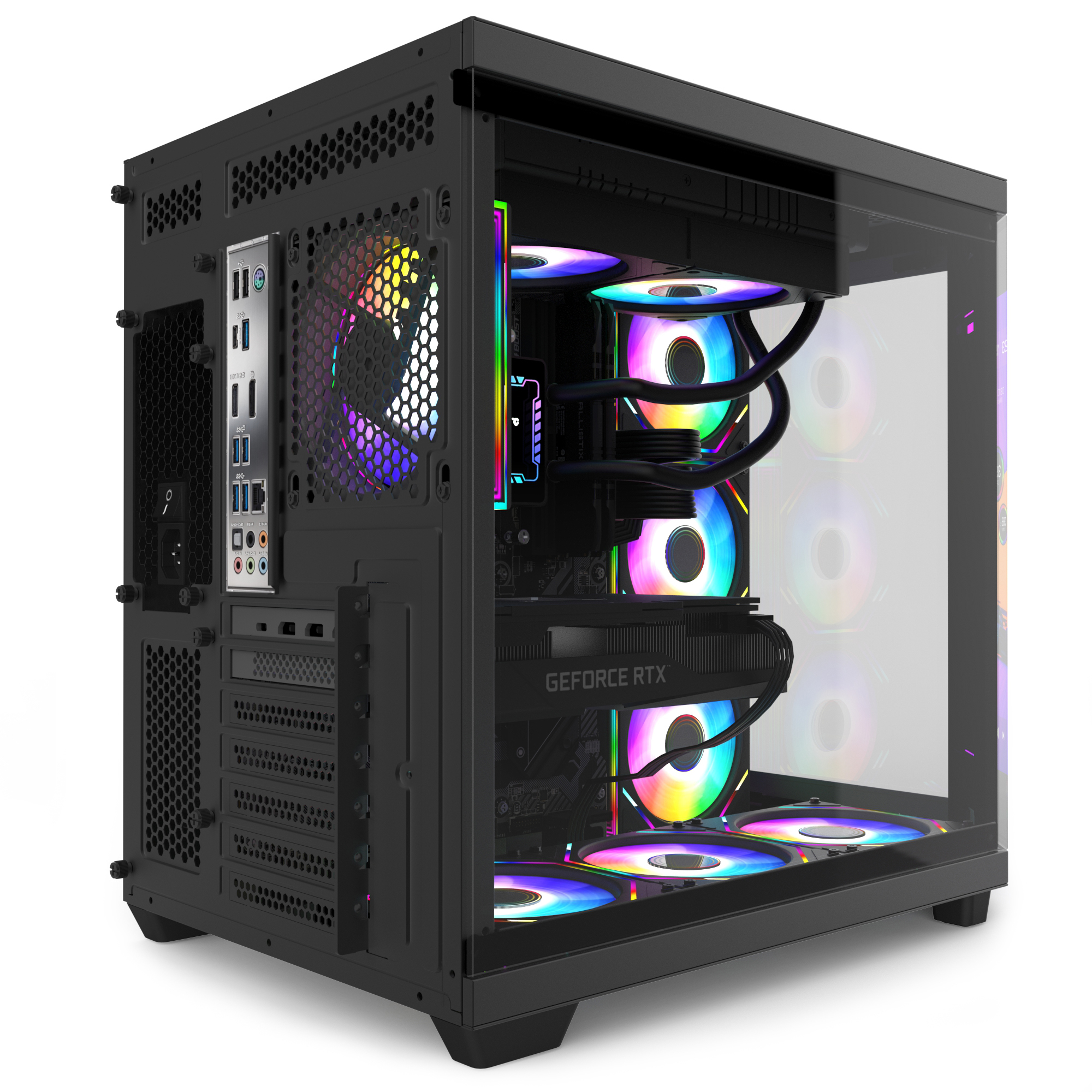 Cam yan panelli ve renkli RGB fanlı siyah bilgisayar kasası.
