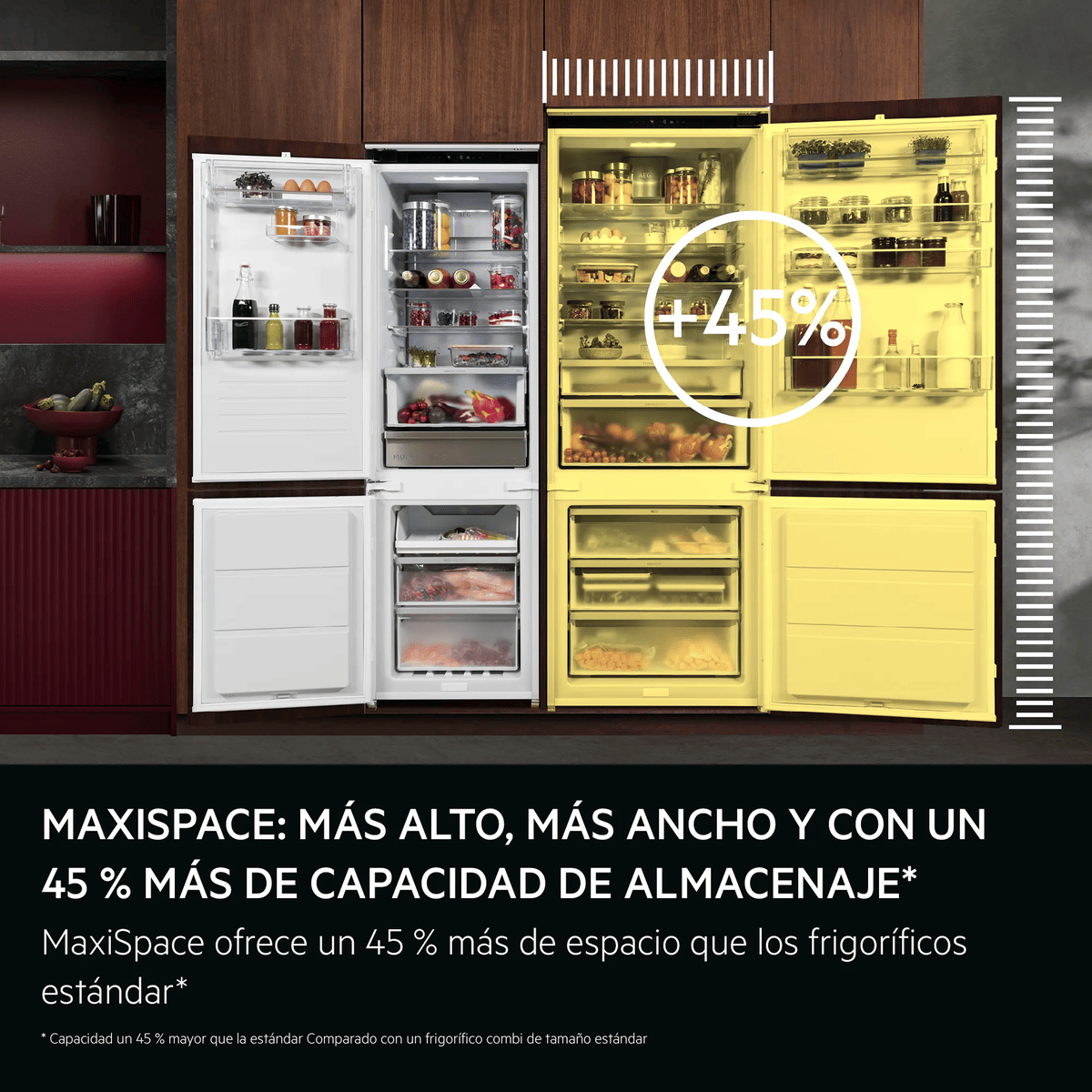 Frigorífico abierto con interior resaltado en amarillo que muestra un 45 por ciento más de capacidad.