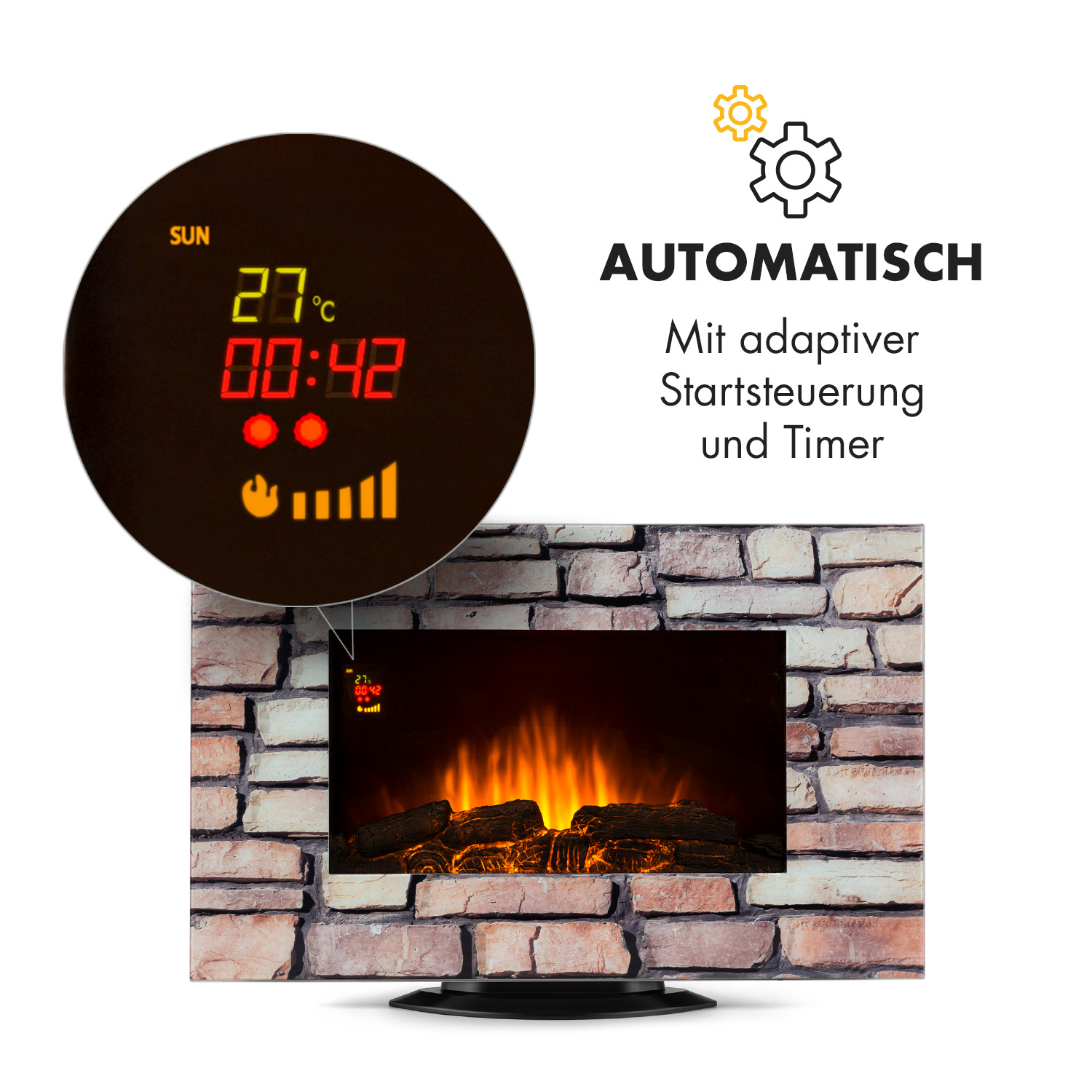 Elektrischer Kamin mit Steinoptik, digitalem Display und Text zur automatischen Steuerung.