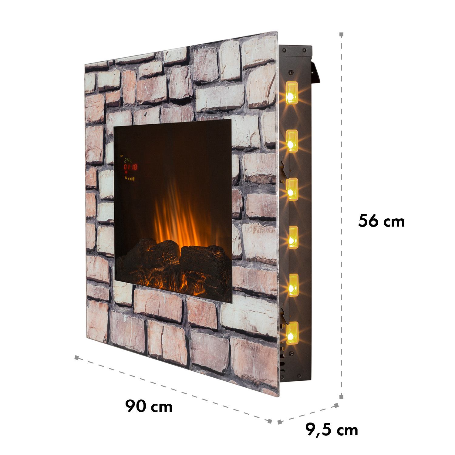 Wandkamin in Steinoptik mit Kunstfeuer, Maße 90x56x9,5 cm.