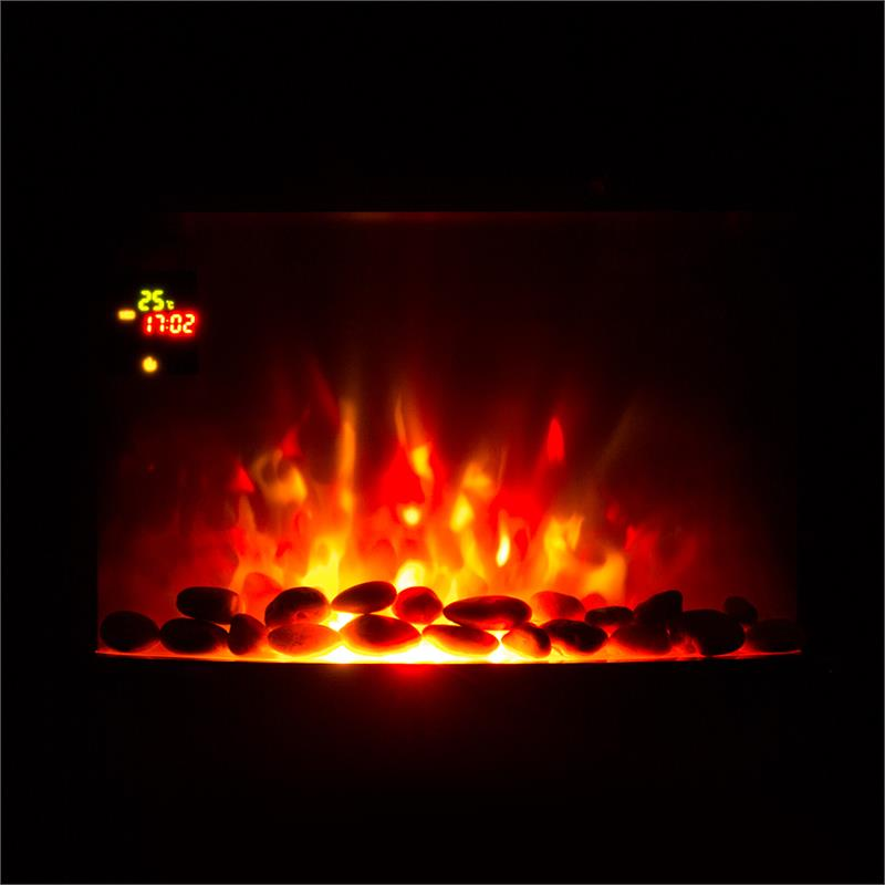 Ein elektrischer Kamin mit roten Flammen und glühenden Steinen im dunklen Raum.