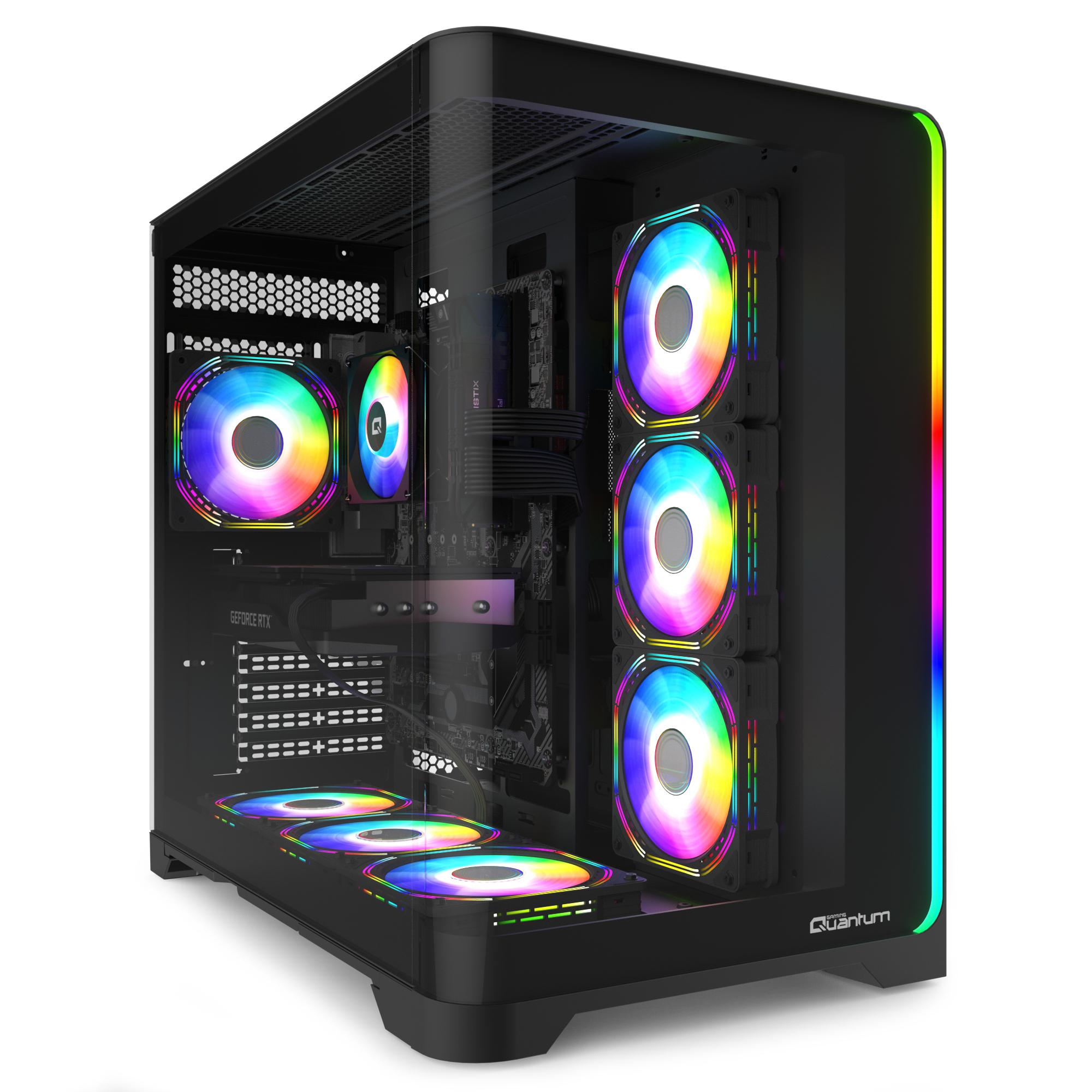 Birden fazla iç fanda ve ön panelde canlı RGB aydınlatmaya sahip siyah oyuncu PC kasası.