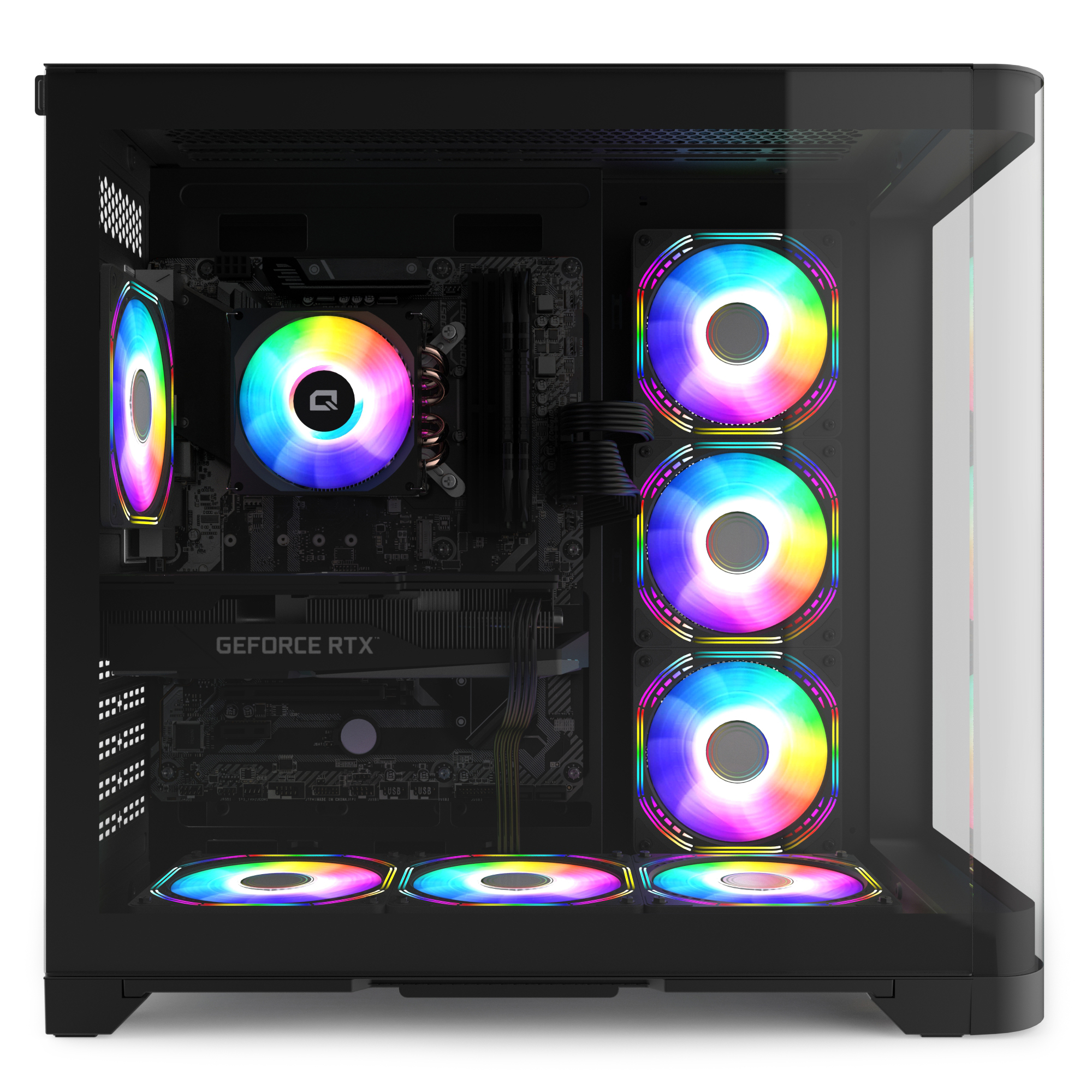 Birden fazla soğutma fanı, anakart ve ekran kartında canlı RGB aydınlatmaya sahip siyah bir PC kasası içi.