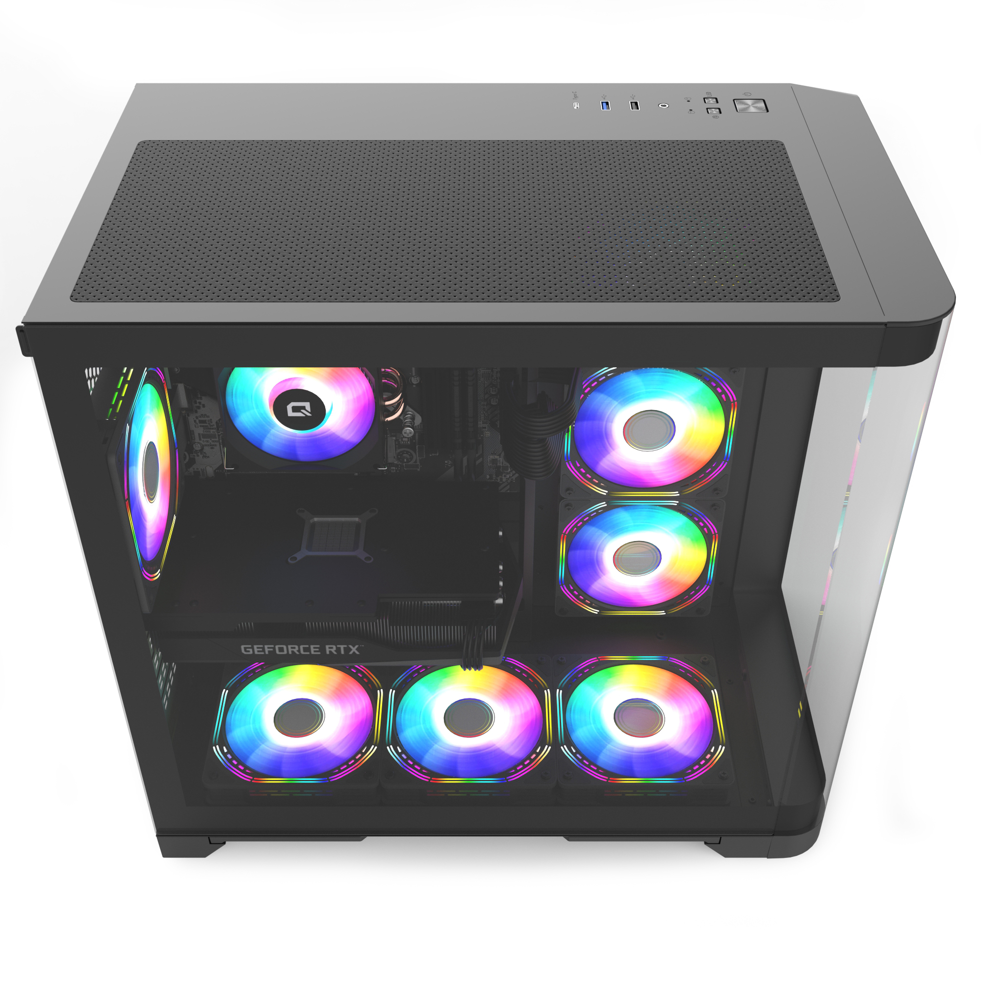 RGB fanlara ve görünür iç bileşenlere sahip siyah bir bilgisayar kasası.