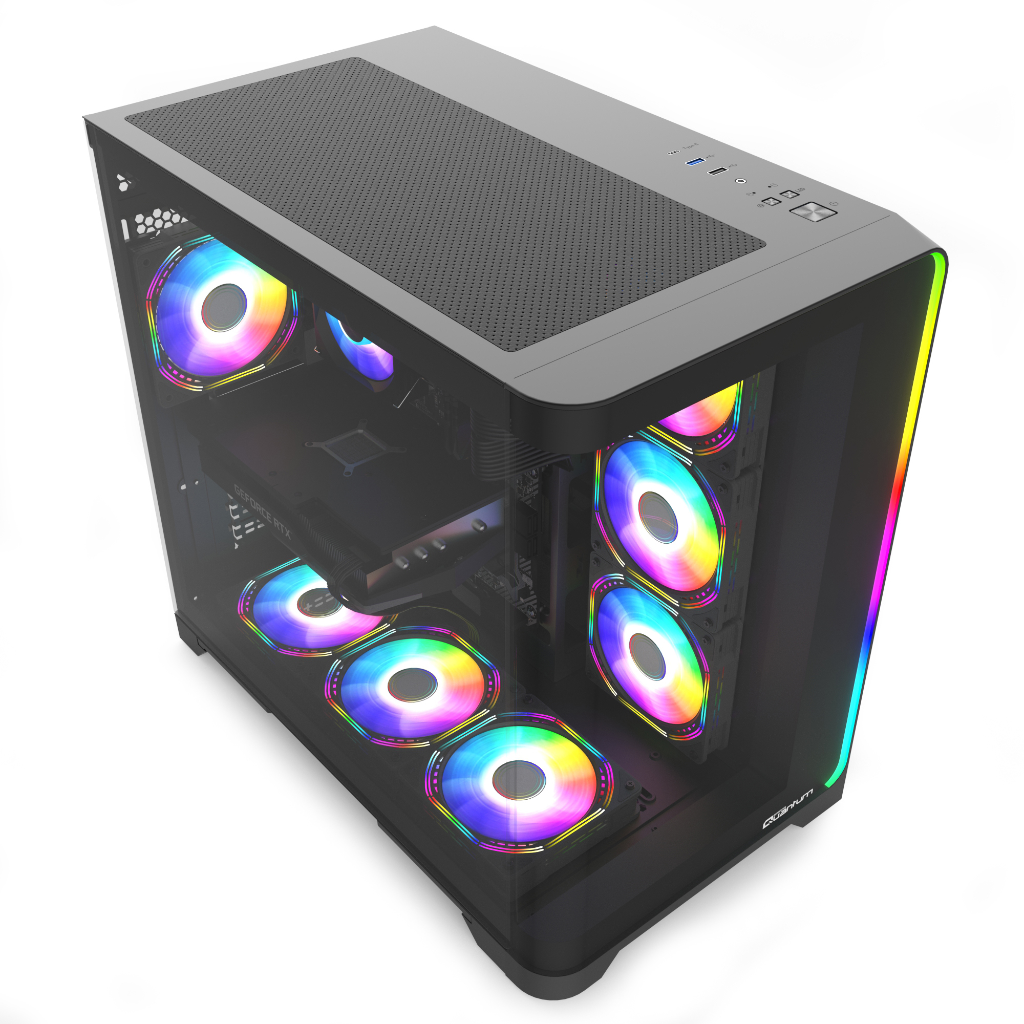 Cam panelli ve içinde yanan RGB fanlar bulunan siyah oyuncu bilgisayarı kasası, üstten görünüm.