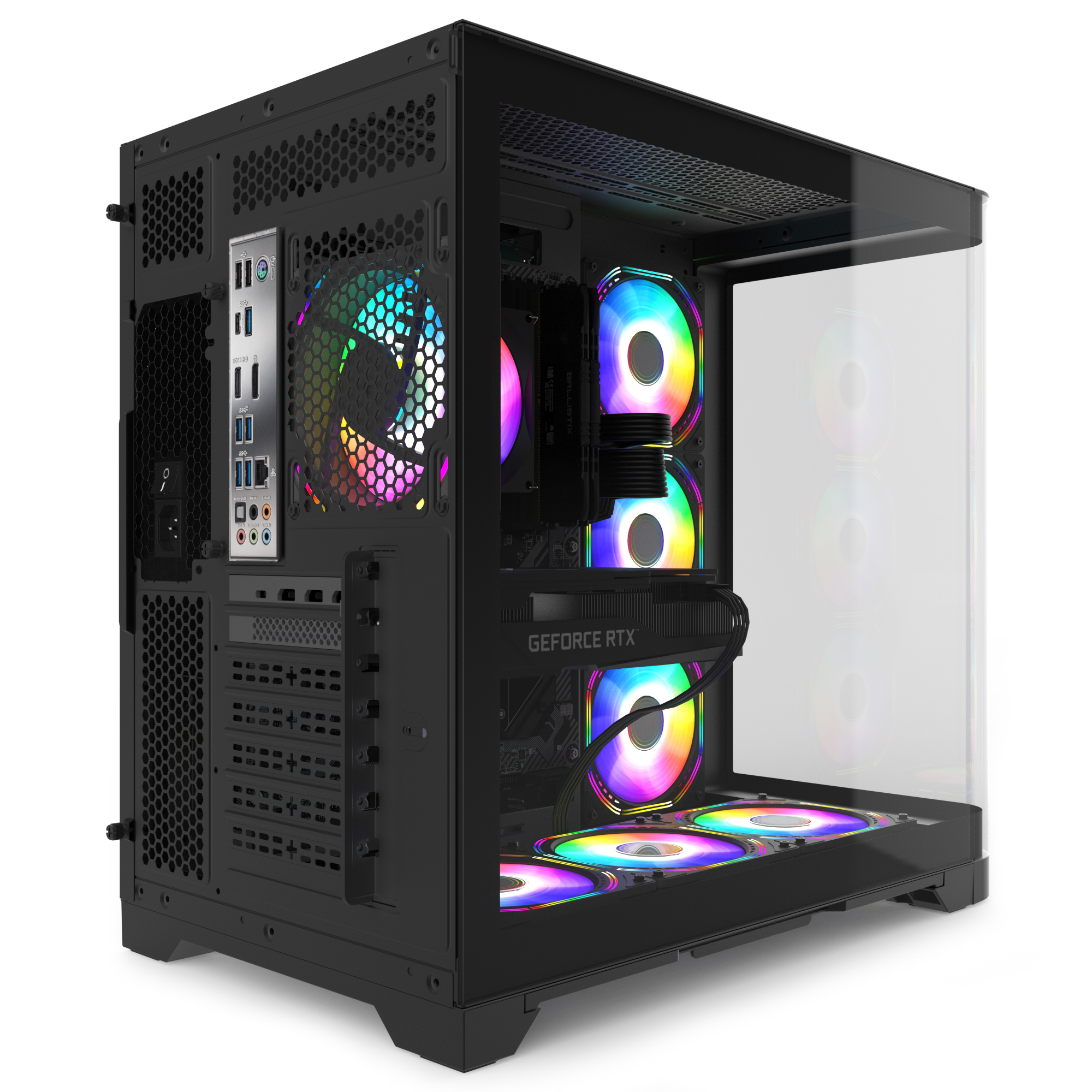 Cam ön panelli, çok sayıda RGB fanlı ve görünür grafik kartına sahip siyah bilgisayar kasası, beyaz arka plan üzerinde.