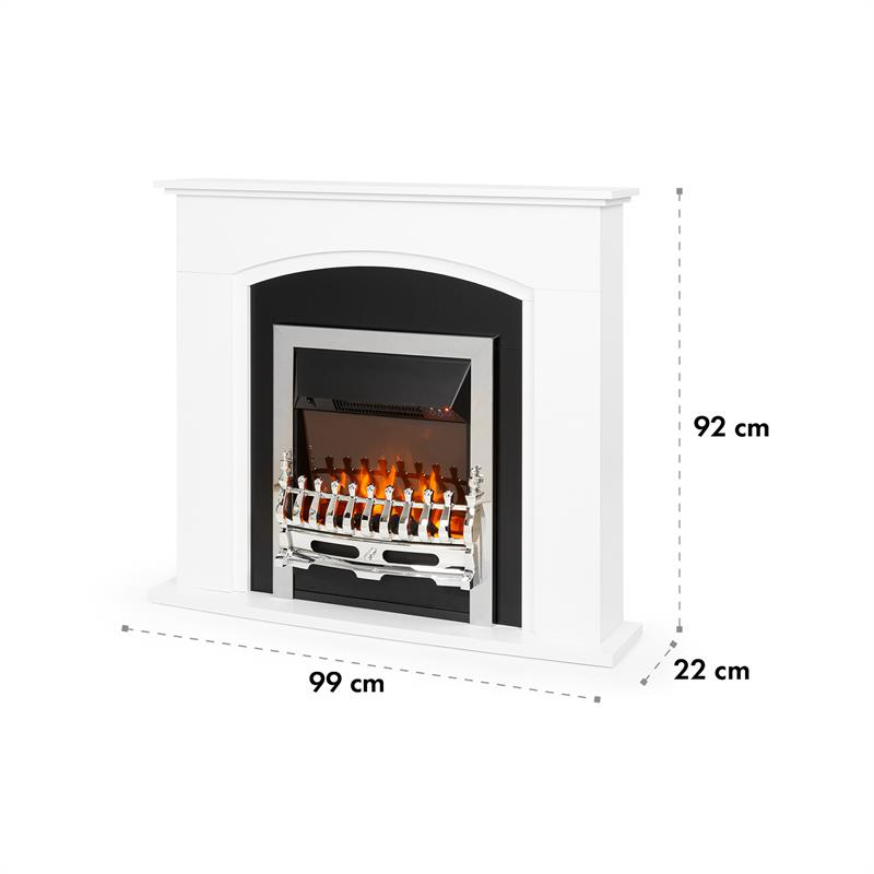 Weißer Elektrokamin mit silbernem Rand und Flammeneffekt, Maße: 92 cm Höhe, 99 cm Breite, 22 cm Tiefe.