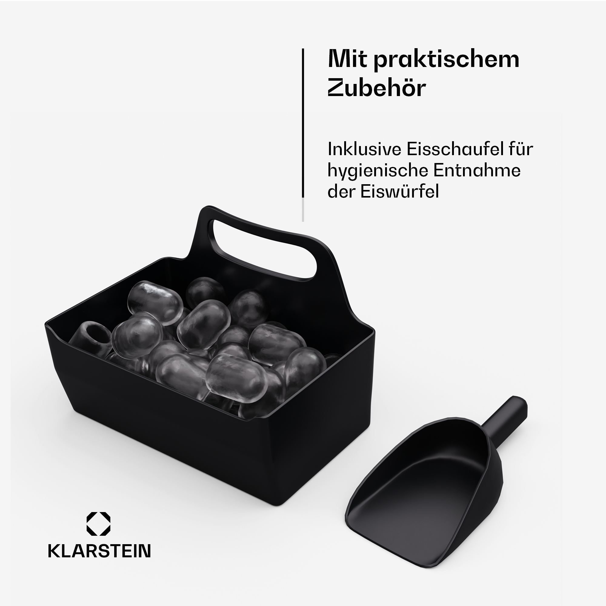 Ein schwarzer Eiskorb voller Eiswürfel und eine passende schwarze Eisschaufel daneben, mit deutschem Text oben.