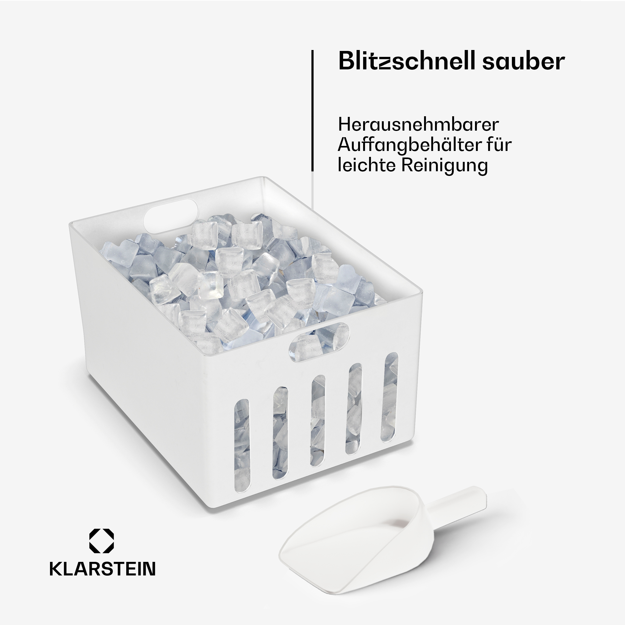 Weißer Eisbehälter voller Eiswürfel und Eisschaufel mit Klarstein-Logo.