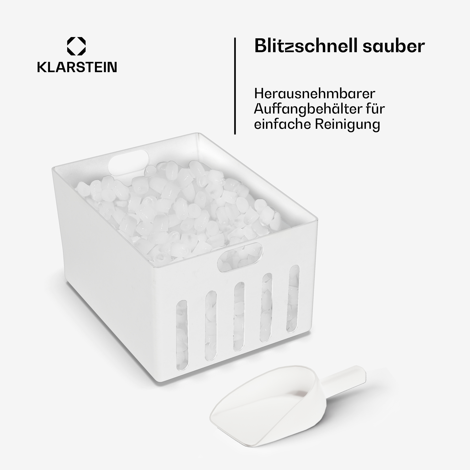 Weißer Eisbehälter voller Eiswürfel mit einer Eisschaufel daneben und deutschem Werbetext.