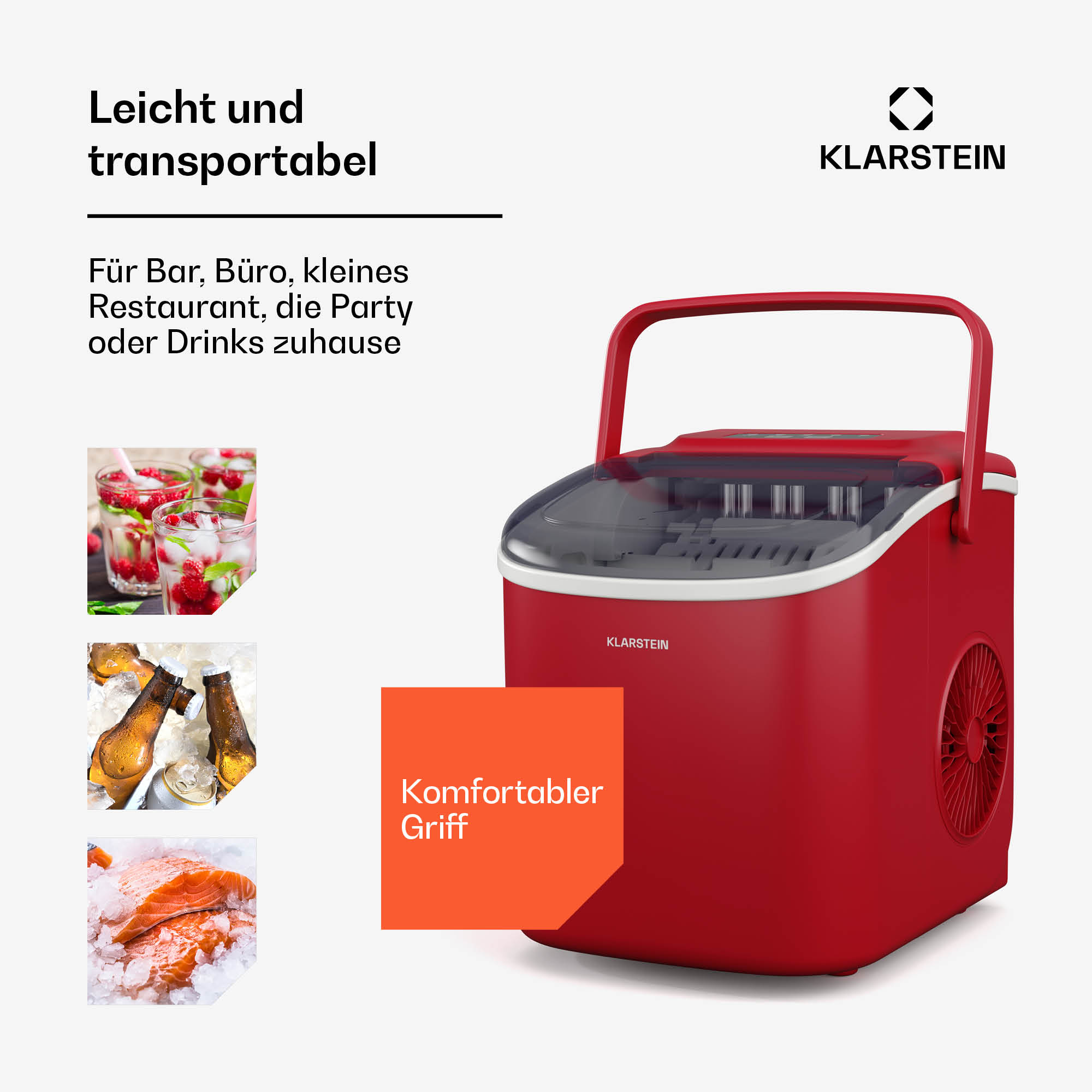 Rote Klarstein Eiswürfelmaschine mit Tragegriff und kleinen Beispielbildern.