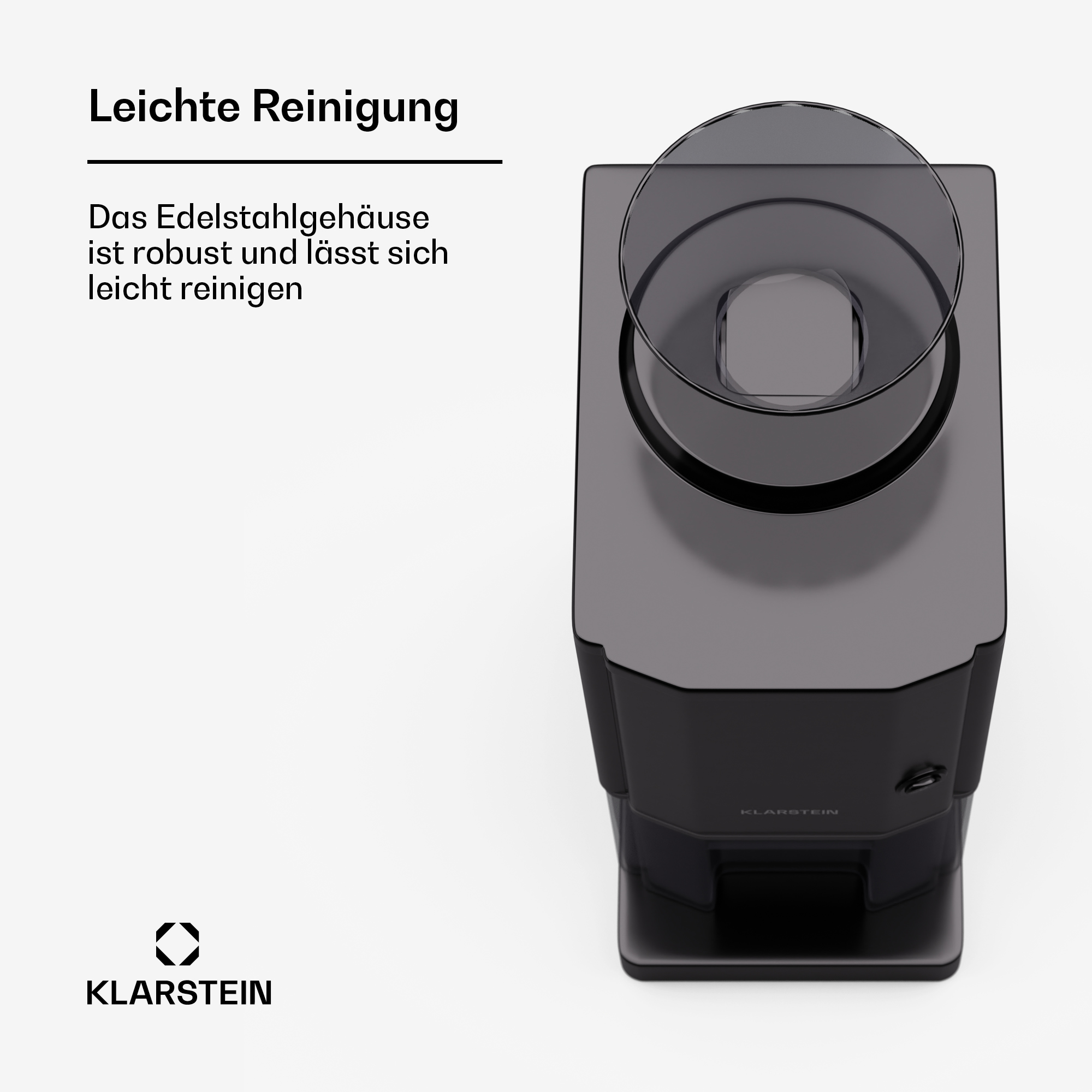 Draufsicht einer schwarzen Klarstein Kaffeemühle auf weißem Hintergrund zur Betonung des leicht zu reinigenden Gehäuses.