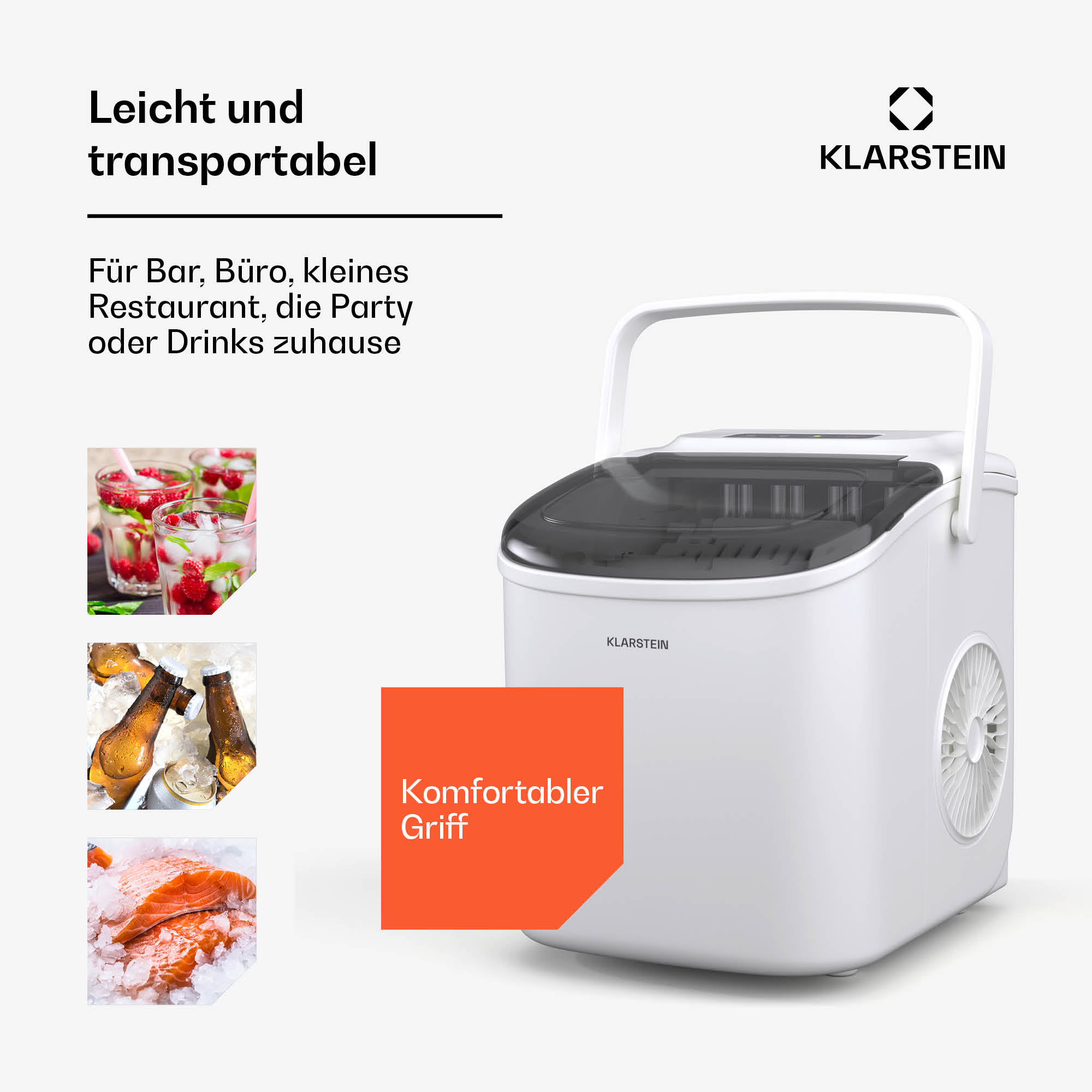 Tragbarer weißer Klarstein Eisbereiter mit Griff und Beispielen für kalte Getränke.