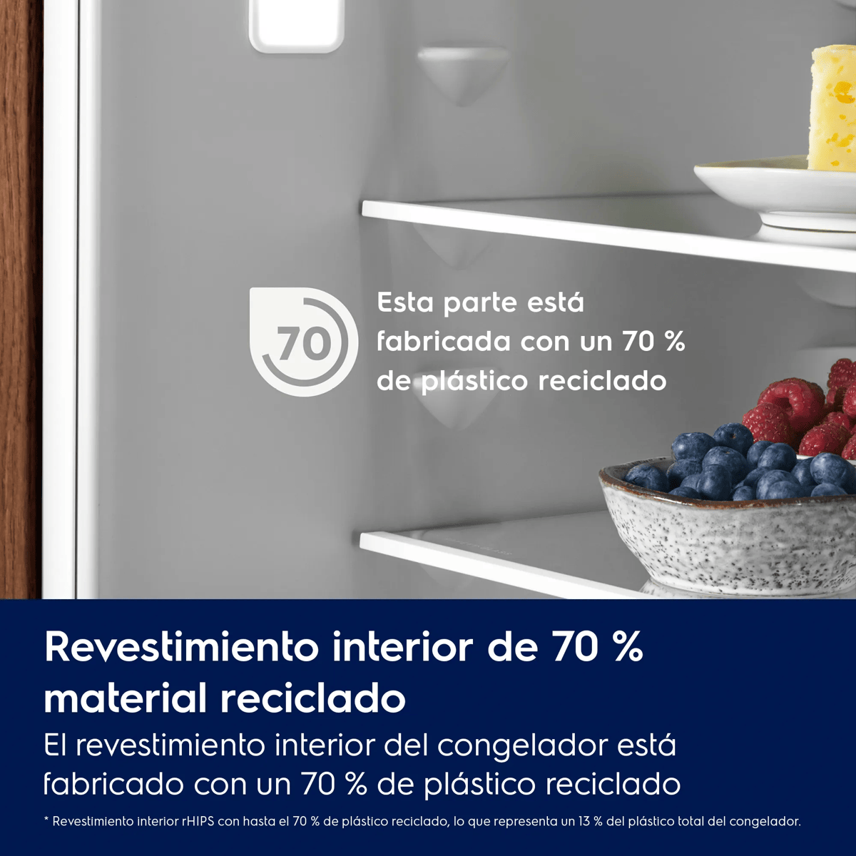 Interior de frigorífico de 70% plástico reciclado, con fruta y queso en los estantes.