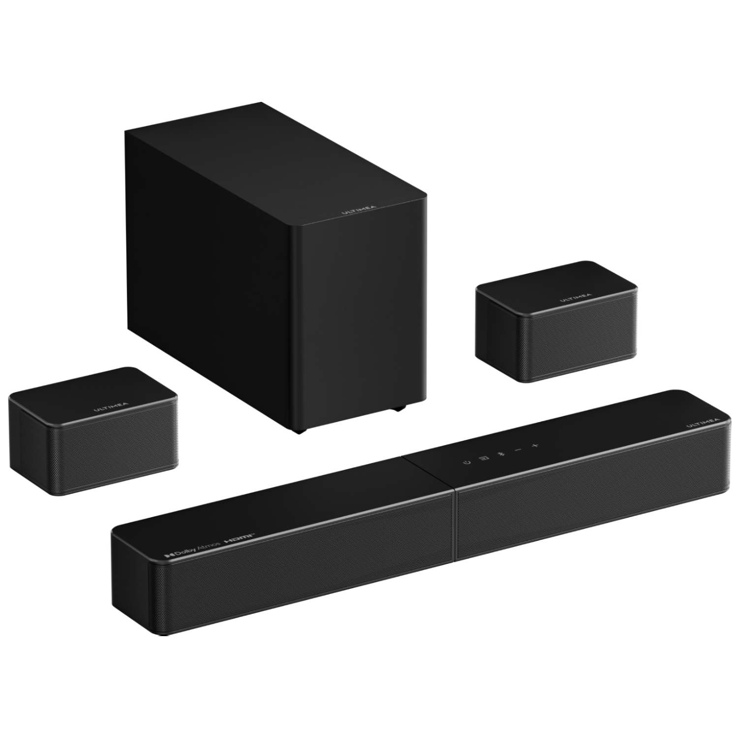 Een zwart thuistheatersysteem met soundbar, subwoofer en twee kleine surroundspeakers tegen een witte achtergrond.