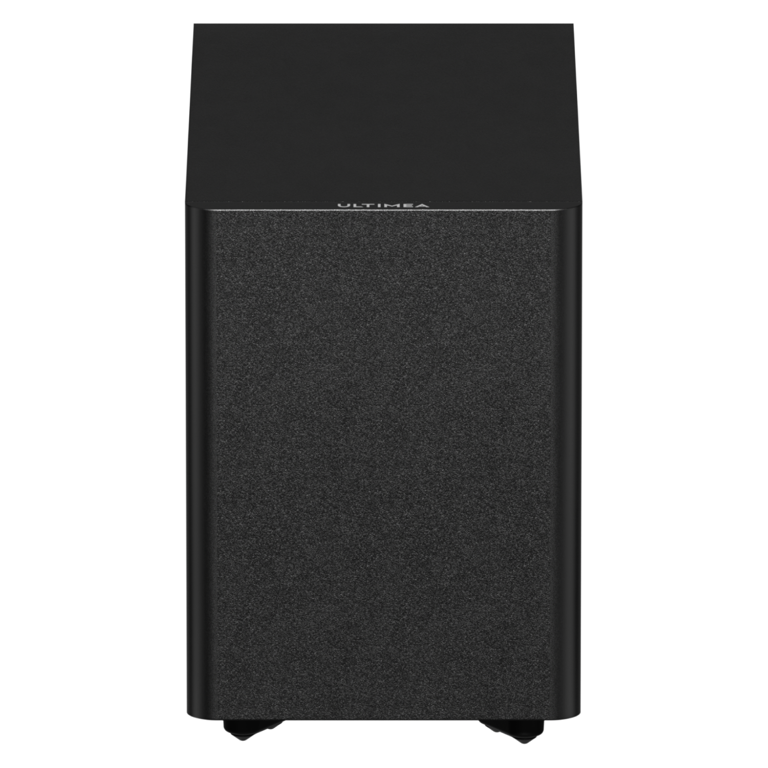 Een zwarte subwoofer met het Ultimea-logo tegen een witte achtergrond.