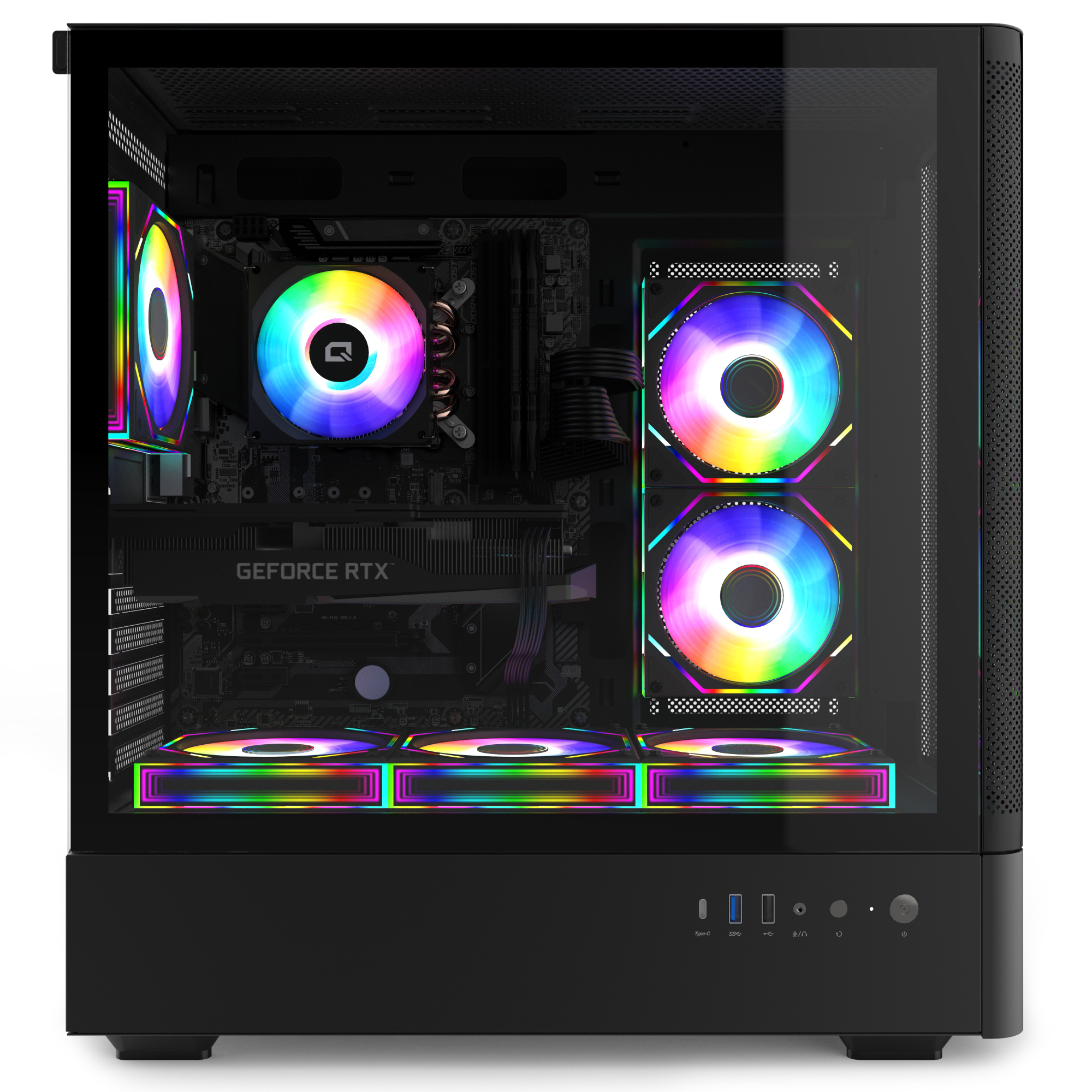 Cam yan panelli siyah bir bilgisayar kasası, aydınlatmalı RGB fanları, GeForce RTX grafik kartını ve bileşenleri gösterir.